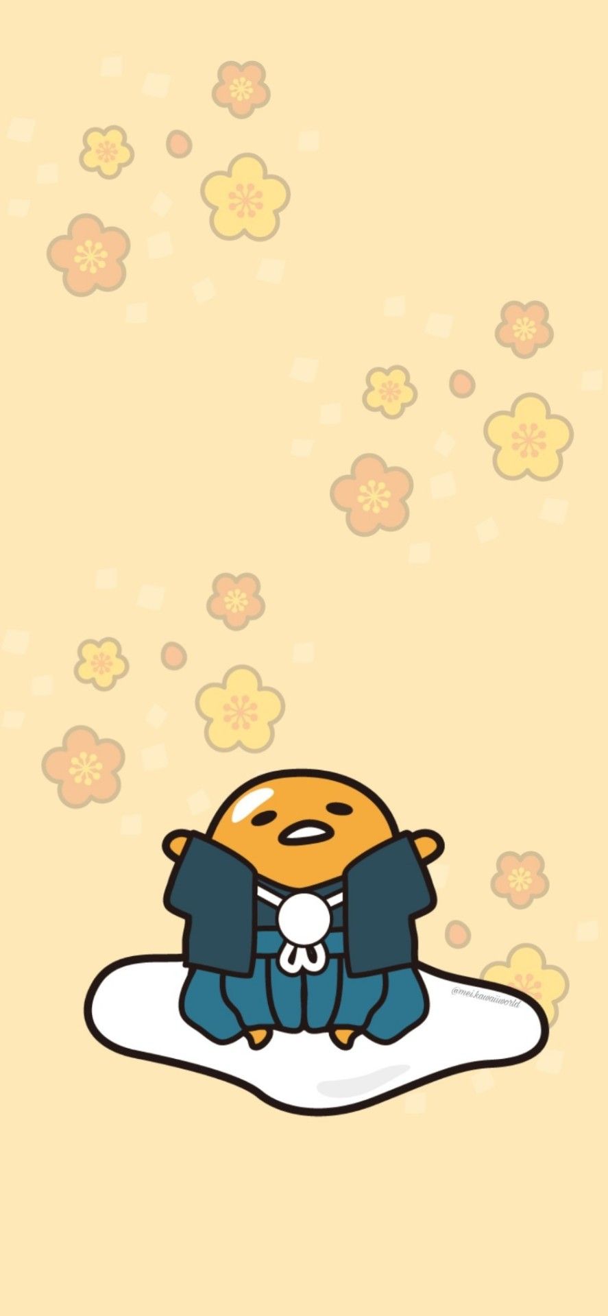 A picture of a cartoon character, Gudetama, sitting on a white piece of egg white with yellow flowers around him. - Gudetama