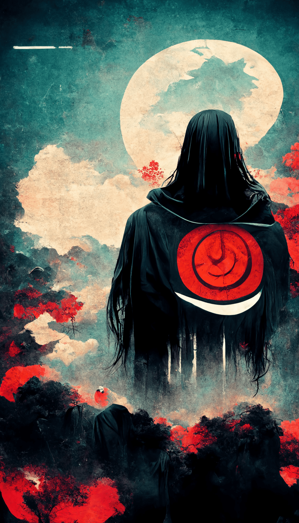 A figure with a backwards hat and a red spiral on their back stands in front of a full moon and clouds. - Itachi Uchiha