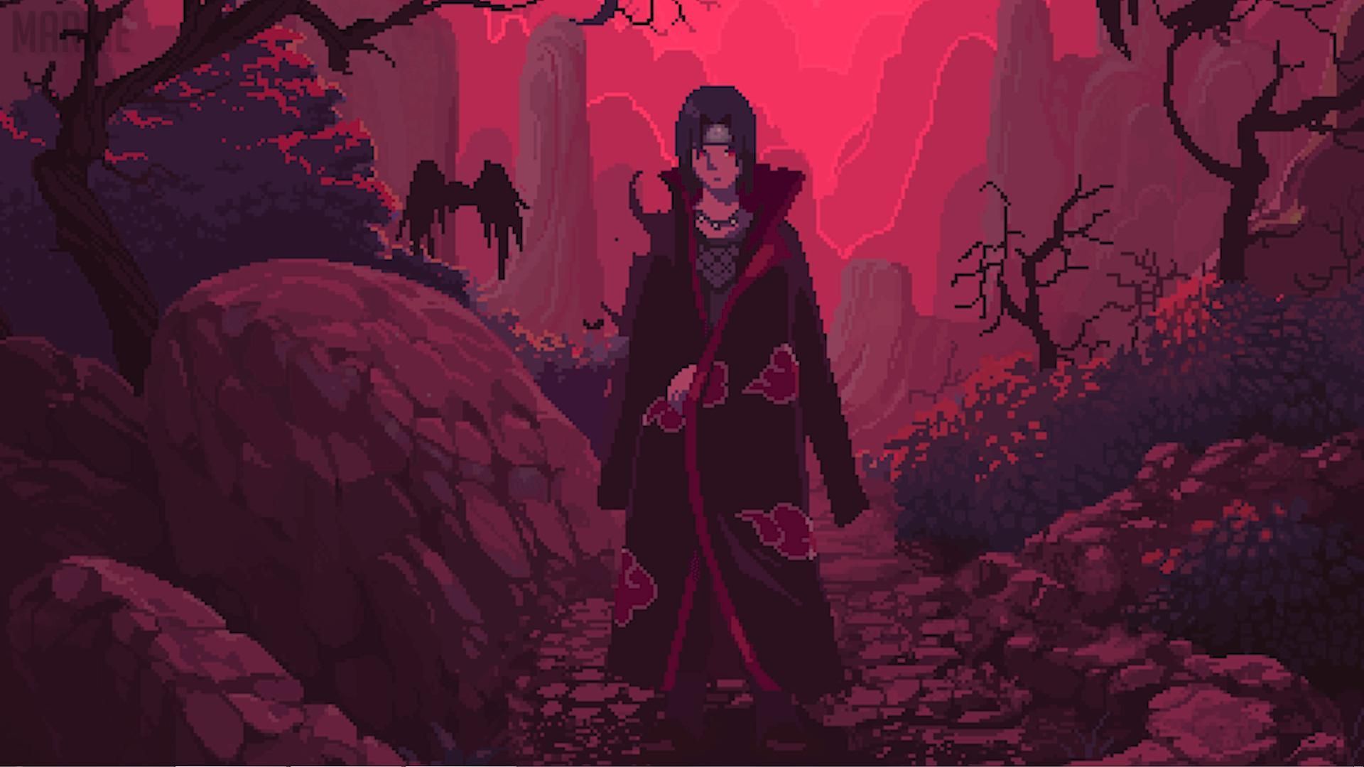 An image of a person in red robe walking through the woods - Itachi Uchiha