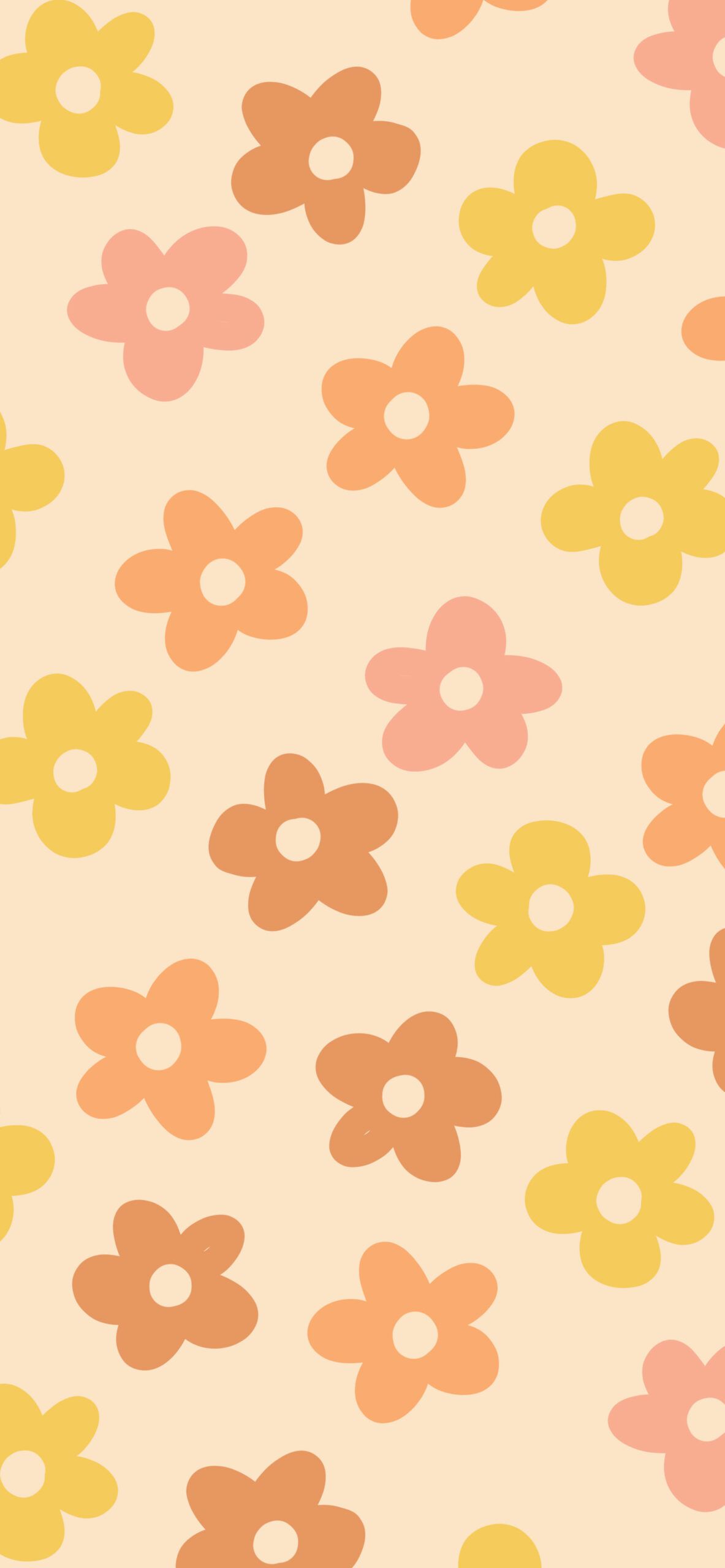 A wallpaper with small flowers in orange, yellow, and pink on a cream background. - Yellow, flower, pattern