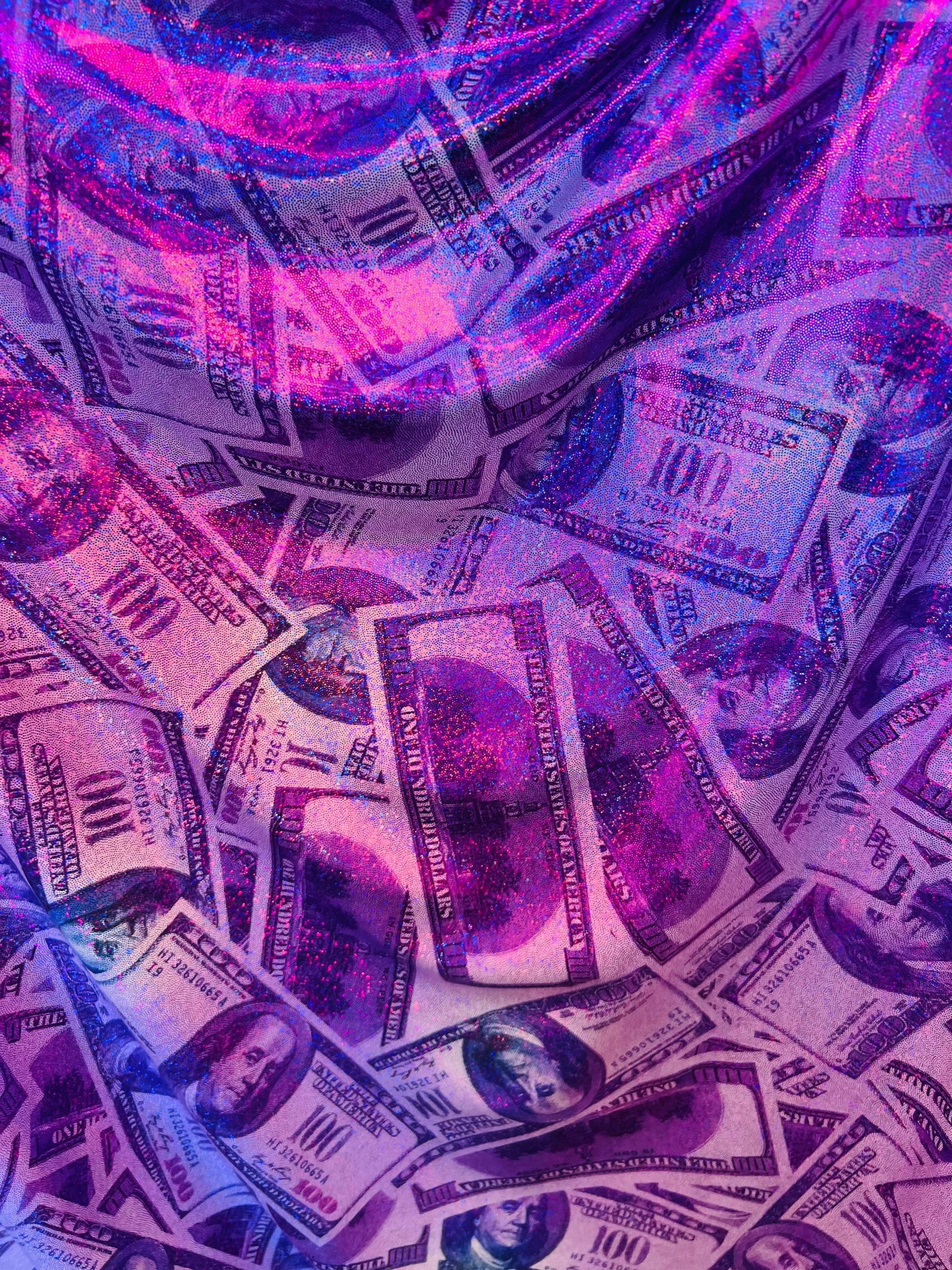 A photo of a pile of money with a pink and blue hue. - Money