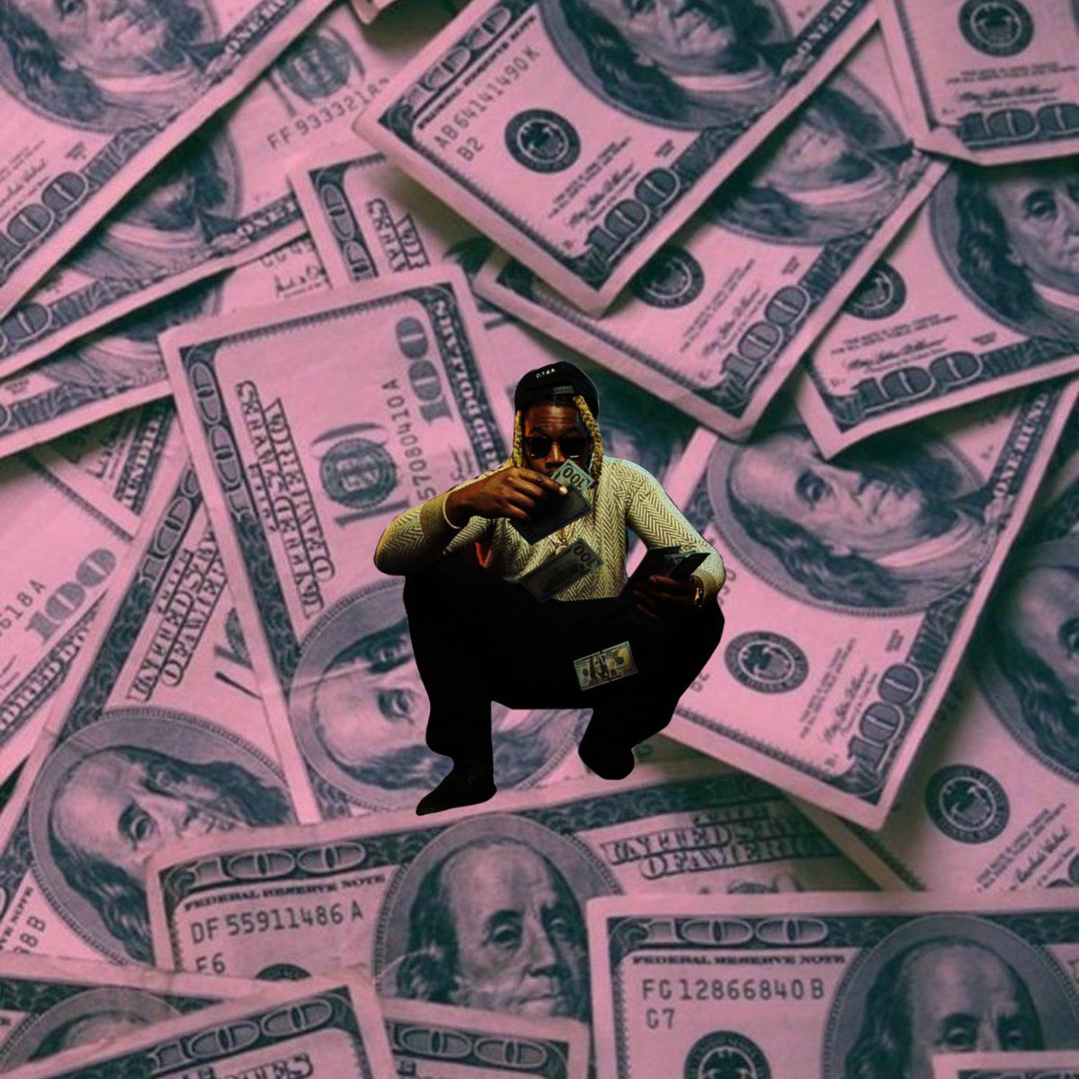 A man squatting on top of a pile of money. - Money