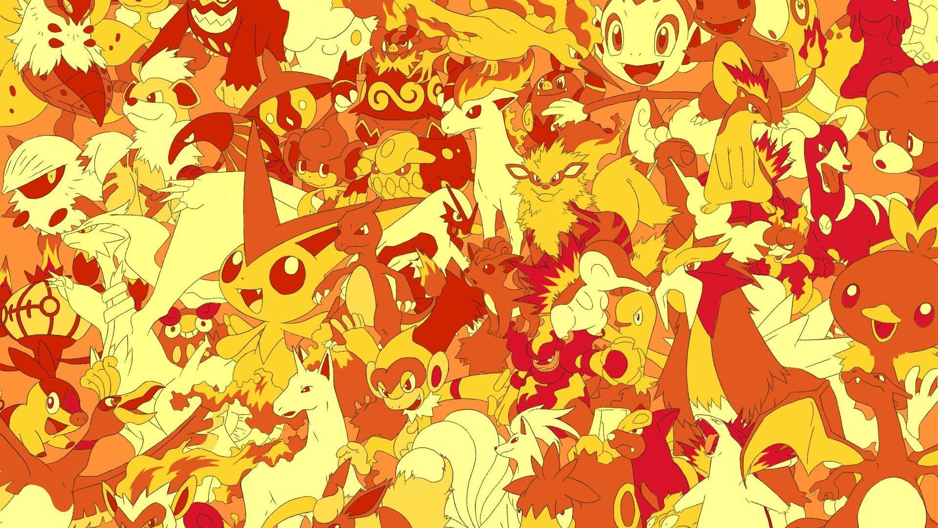 Pokemon wallpaper with many different types of Pokemon in a yellow and red color scheme - Pokemon