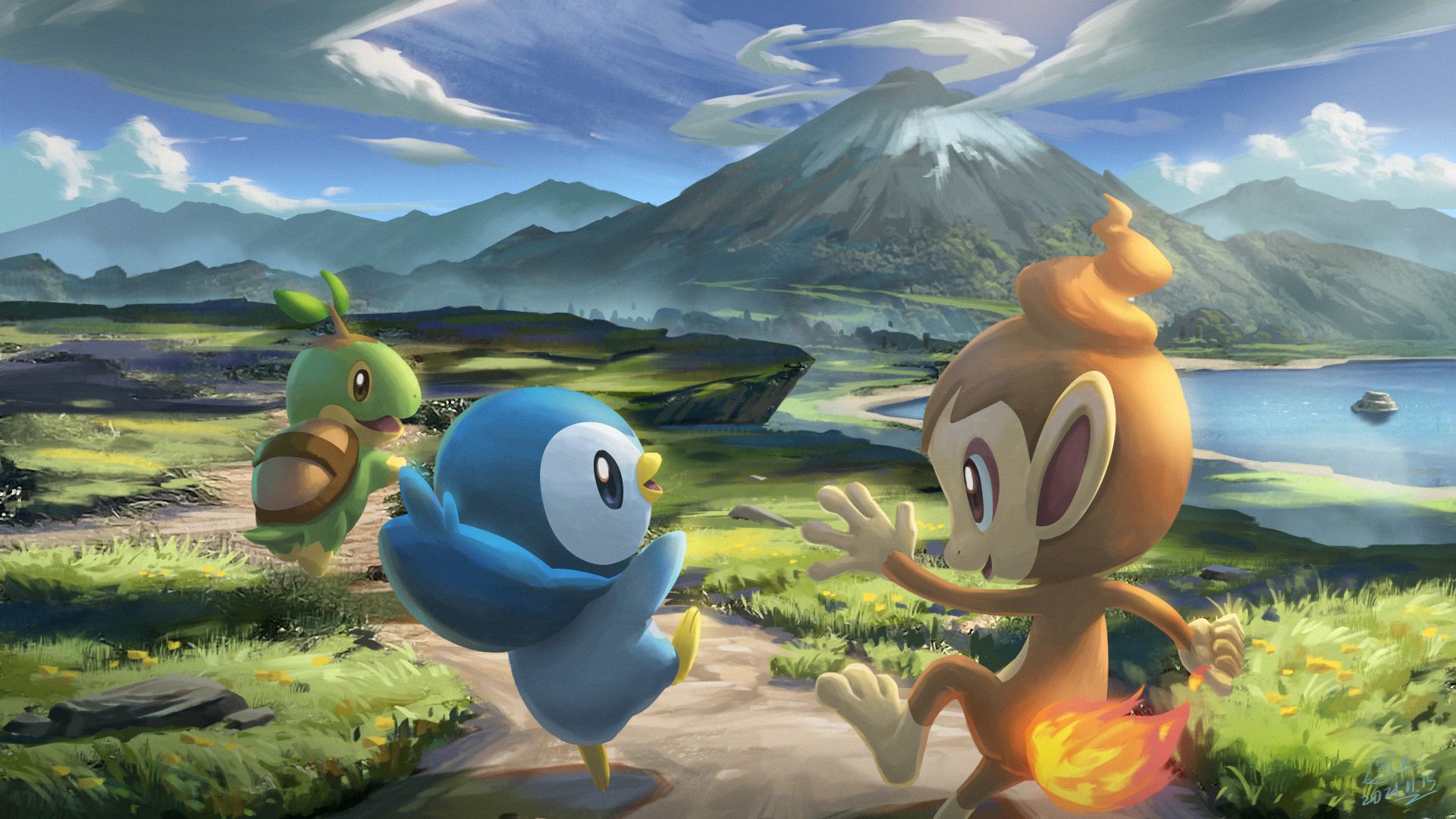 Three Pokemon, Grookey, Scorbunny, and Sobble, standing on a grassy hill with a mountain in the background - Pokemon