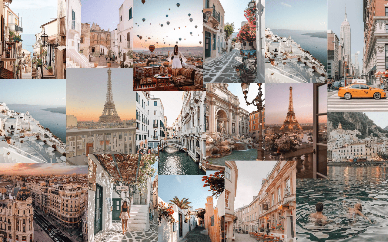 A collage of travel photos, including the Eiffel Tower, a canal in Venice, and a street in Paris. - Travel