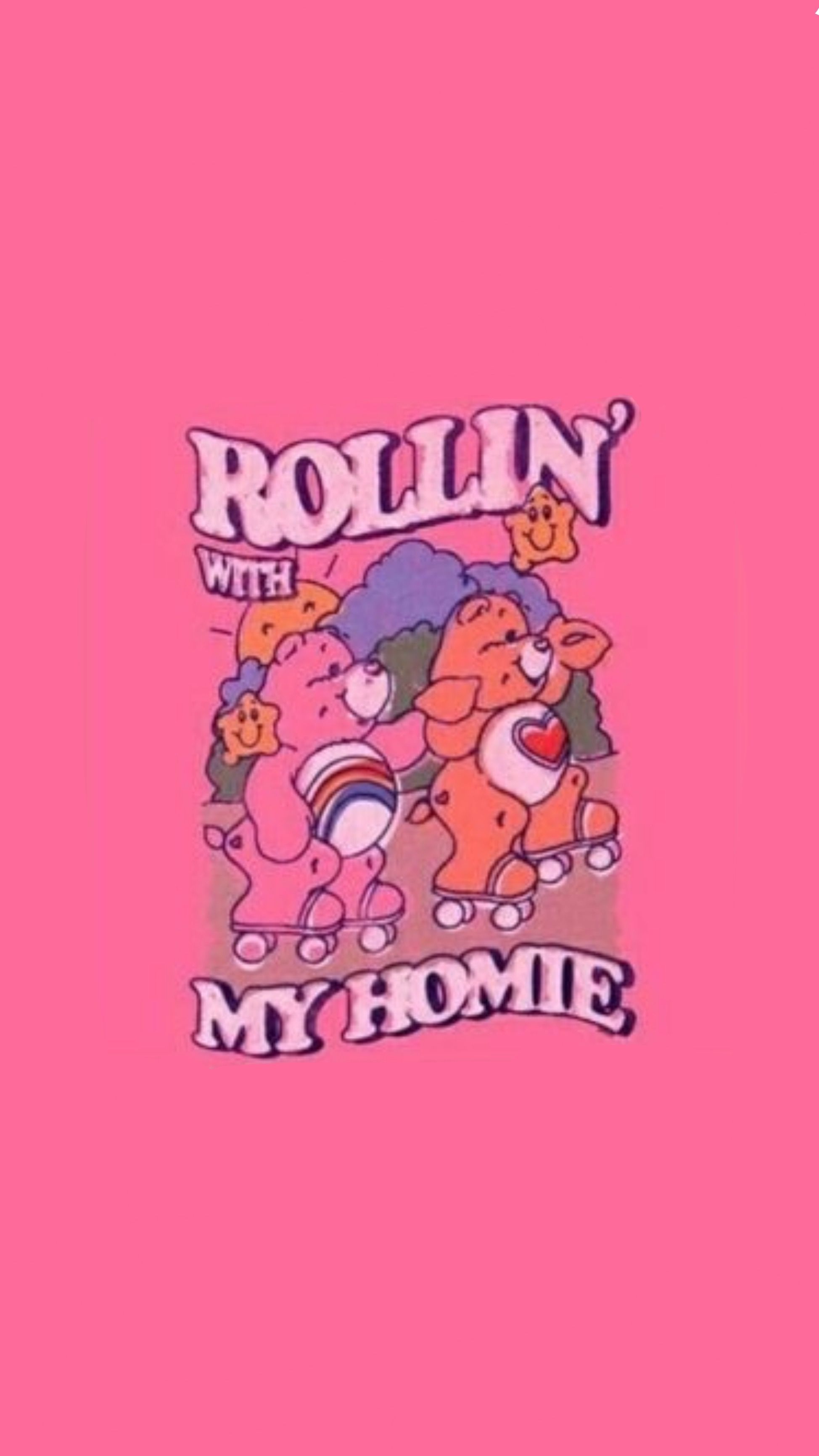 A pink background with two bears and the words rollin'with my home - Vintage fall, vintage