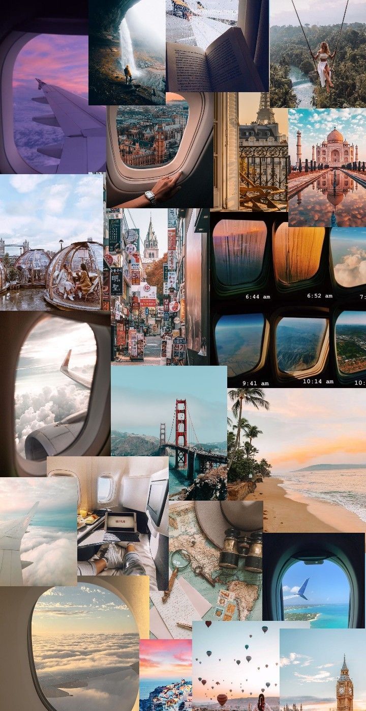 A collage of pictures showing different views from an airplane - Travel