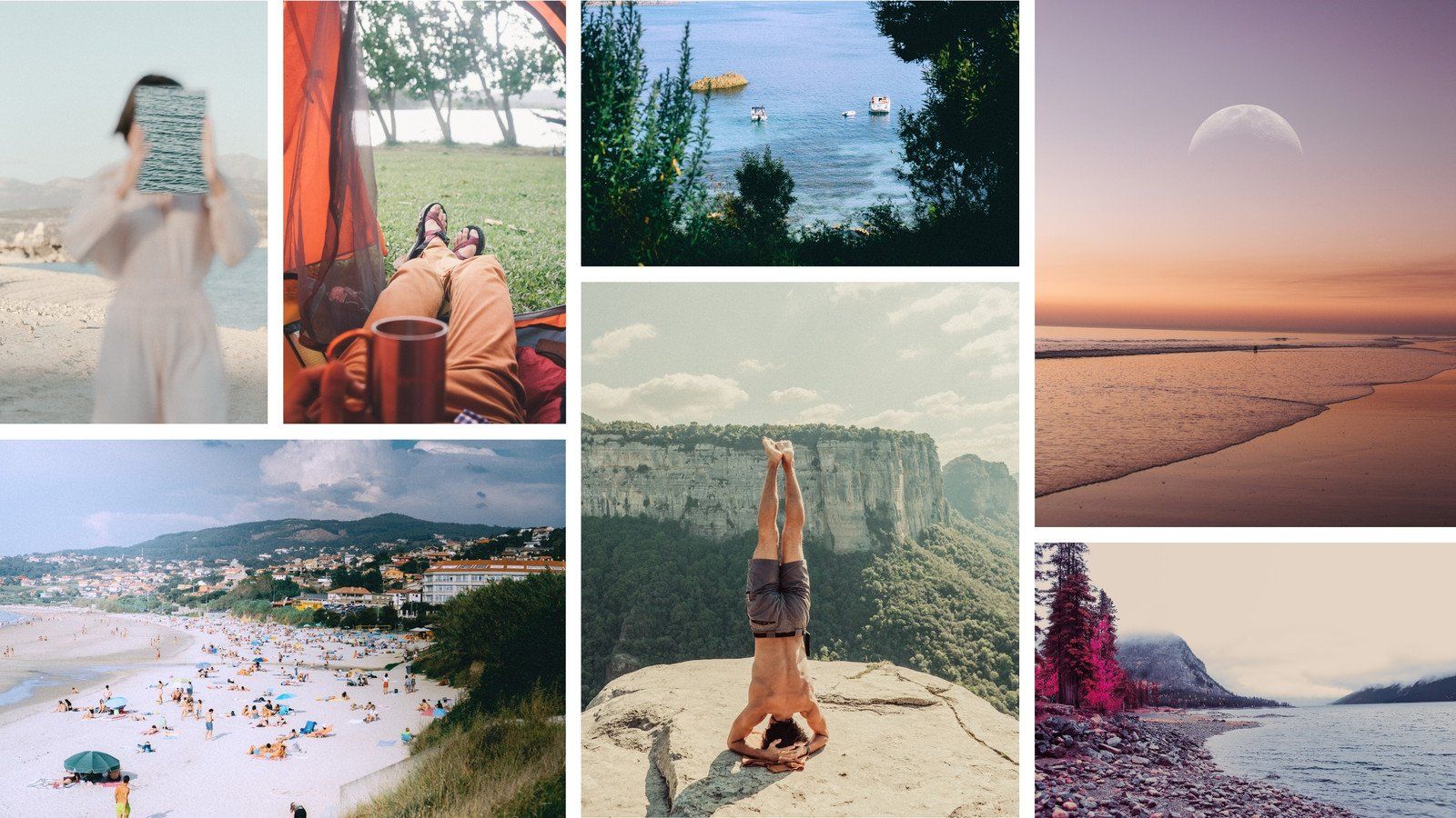 A collage of images including a beach, a person doing yoga, a sunset, a person with a book, a beach at night and a beach with a person doing a handstand - Travel