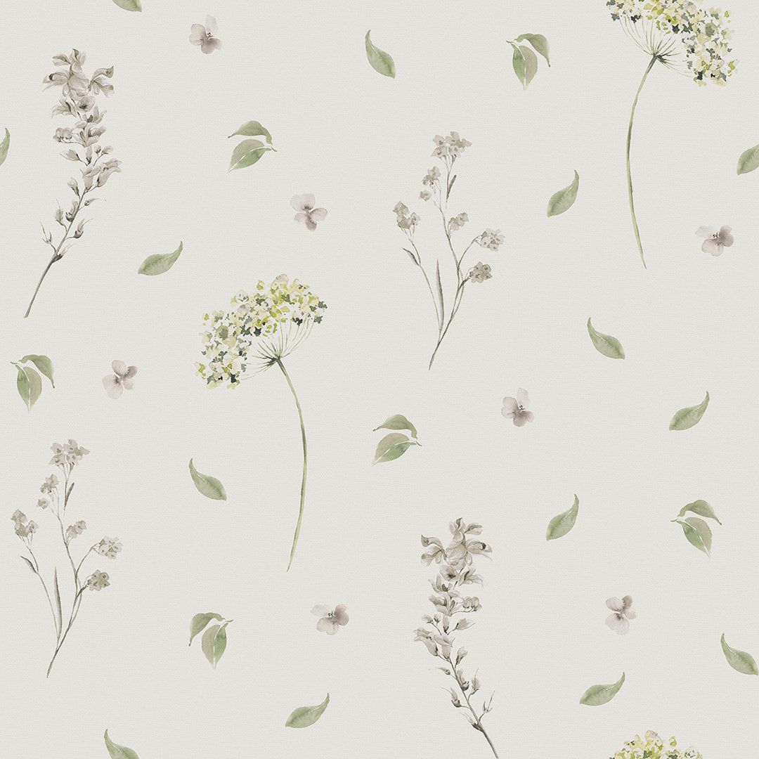 A beautiful floral wallpaper with delicate flowers and leaves on a soft grey background. - Sage green