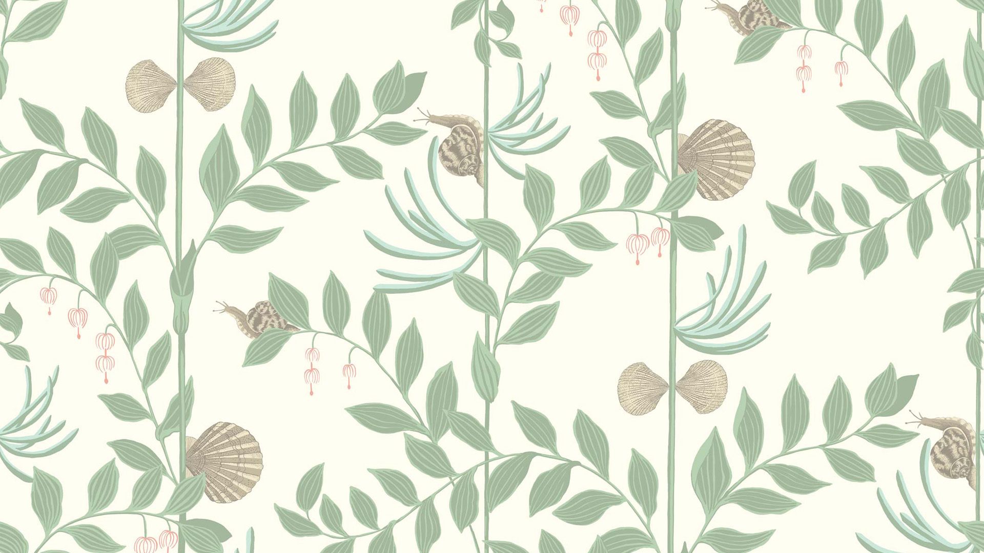 A white Cole & Son wallpaper featuring a pattern of green leaves and pink flowers - Sage green
