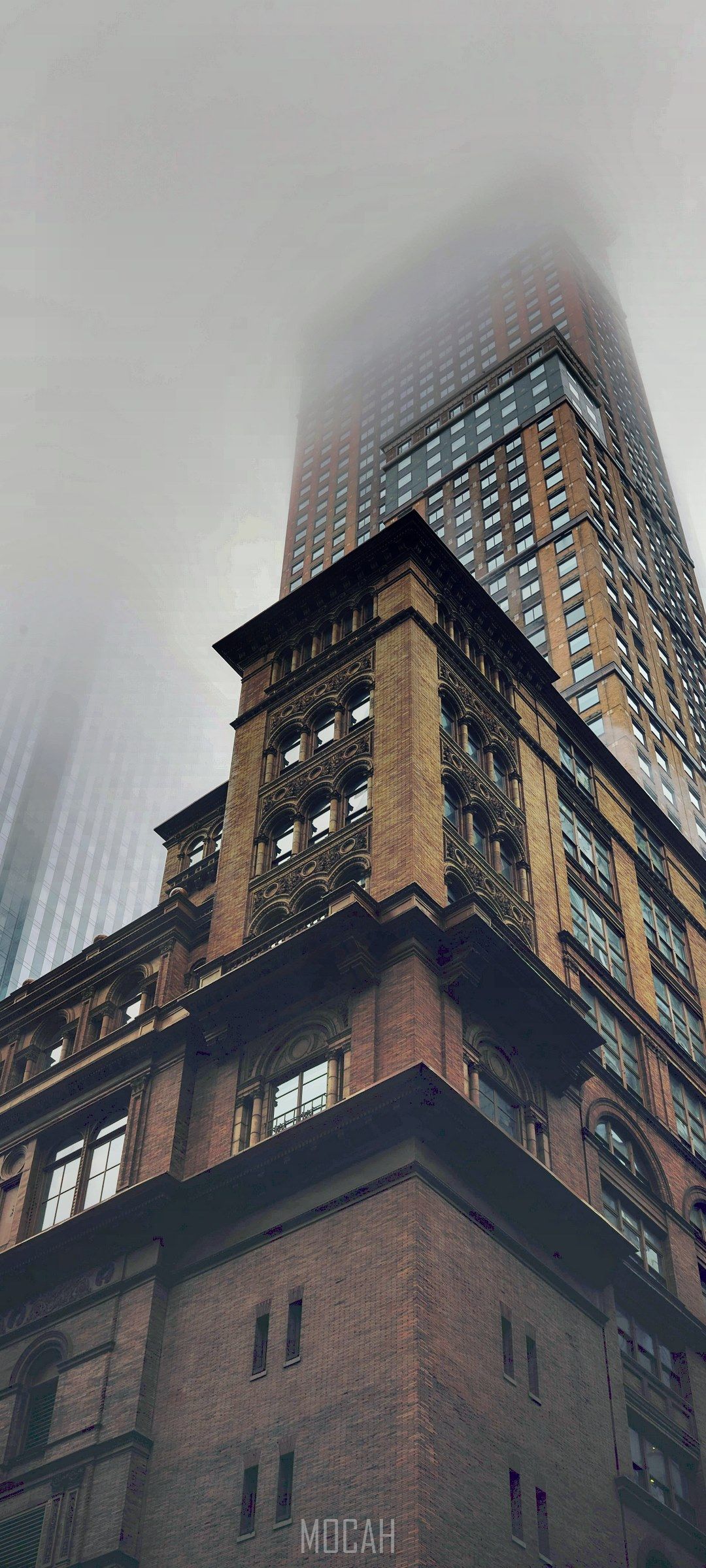 a ground view of a dark brick skyscraper disappearing into fog in new york city, giant in the mist, Realme X7 Pro background hd, 1080x2400 Gallery HD Wallpaper