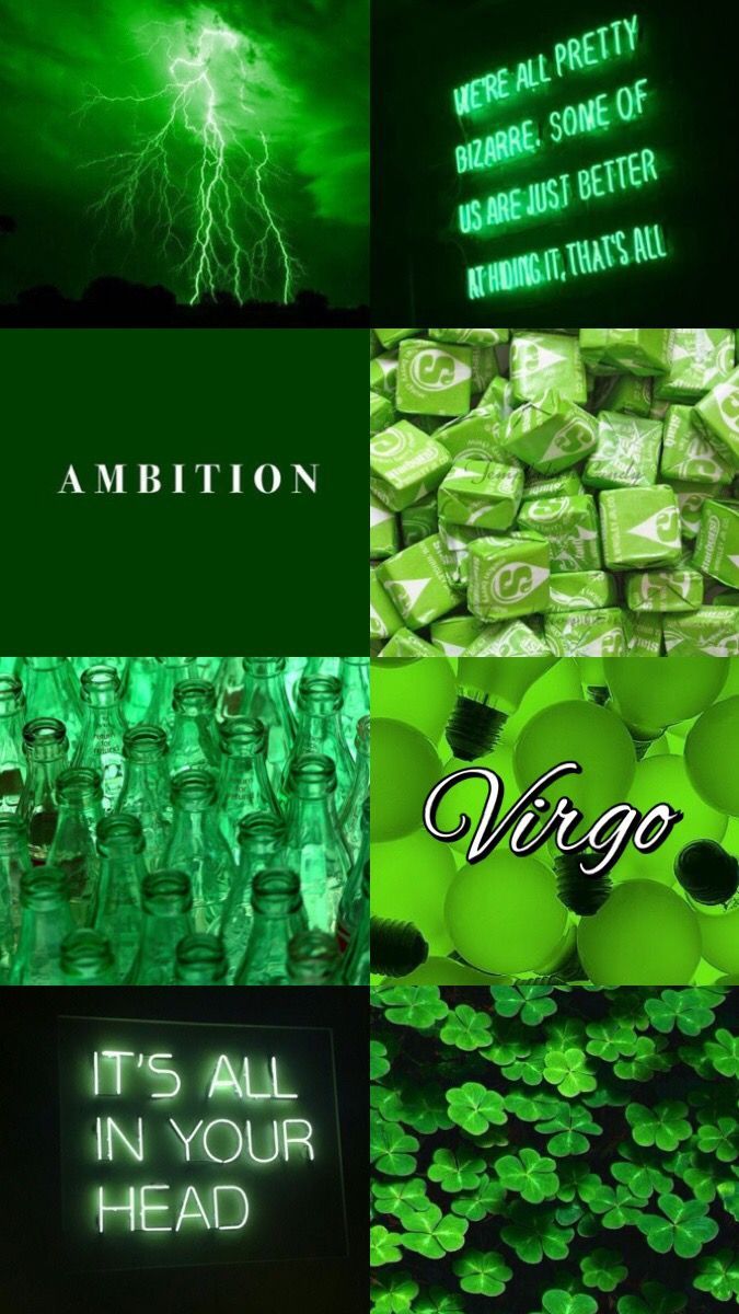 A collage of green images with text that says ambition - Green, dark green, Virgo