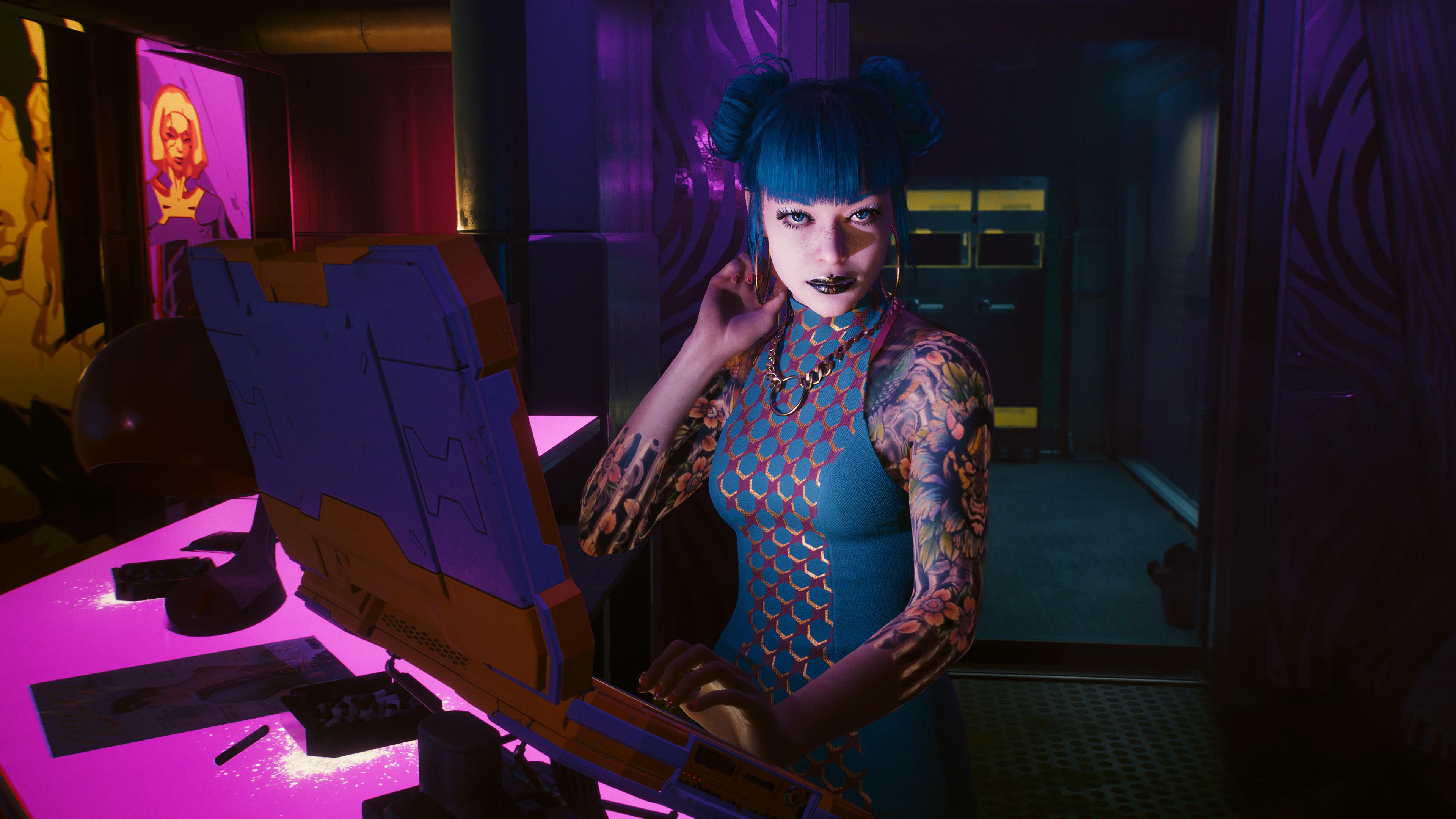 Cyberpunk 2077 character V stands in a purple-lit room, holding a laptop. - Cyberpunk