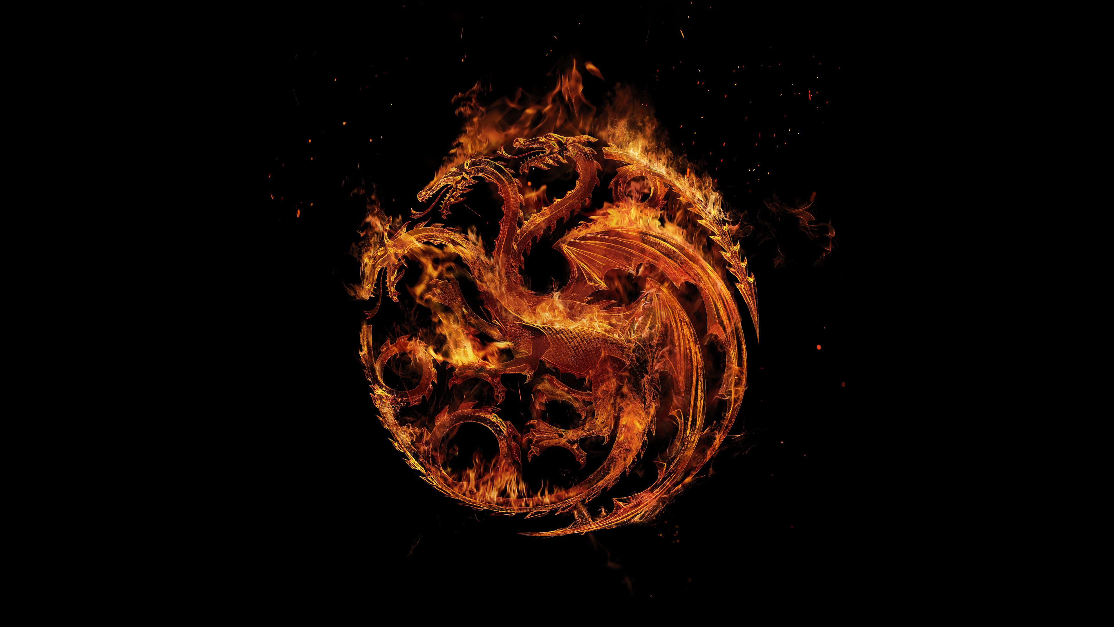 A flaming Targaryen sigil, composed of a dragon, a lion, and a wyvern, on a black background. - Blood, dragon