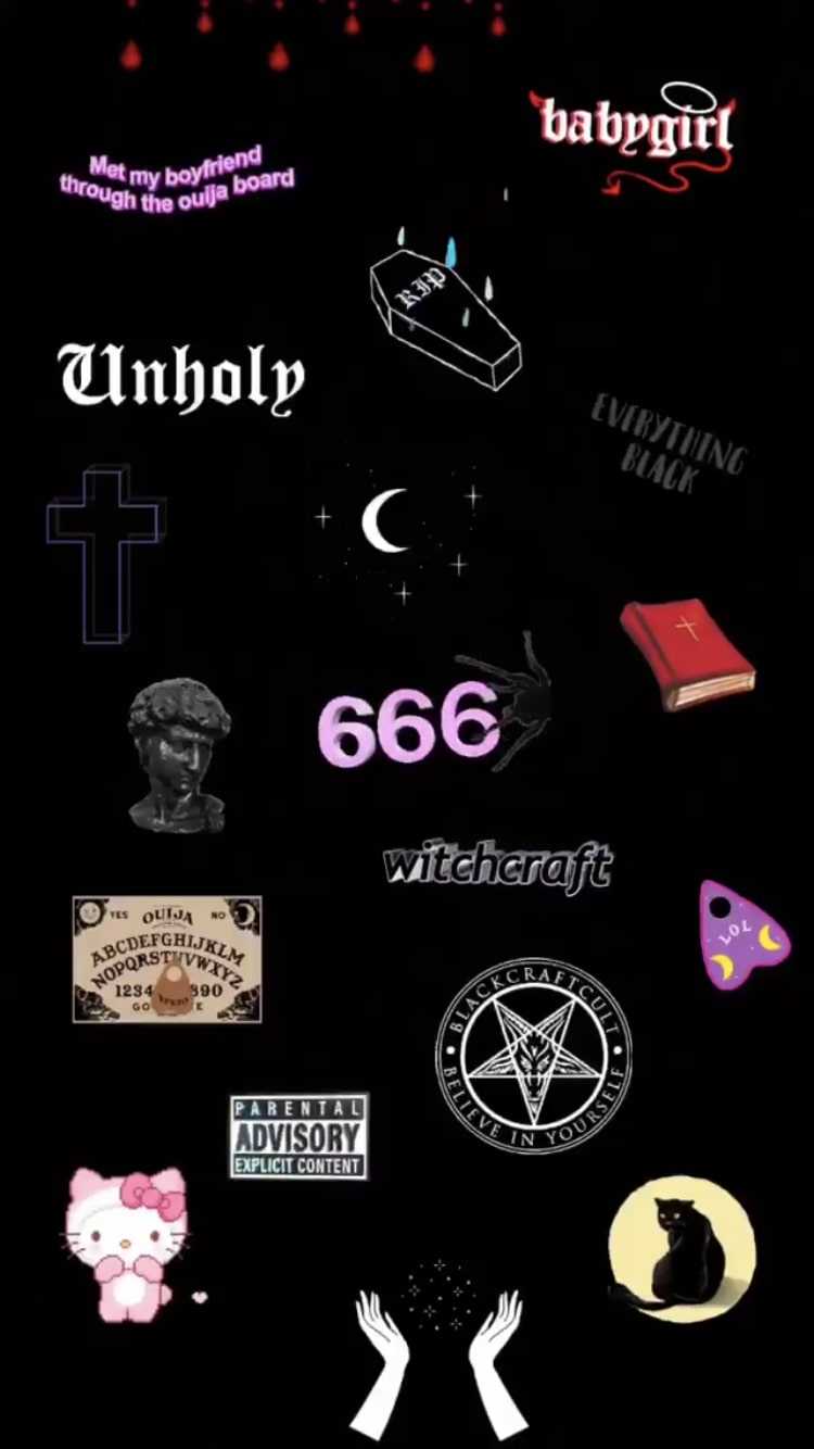 Aesthetic phone background with different symbols such as a cross, a pentagram, Hello Kitty, etc. - Gothic