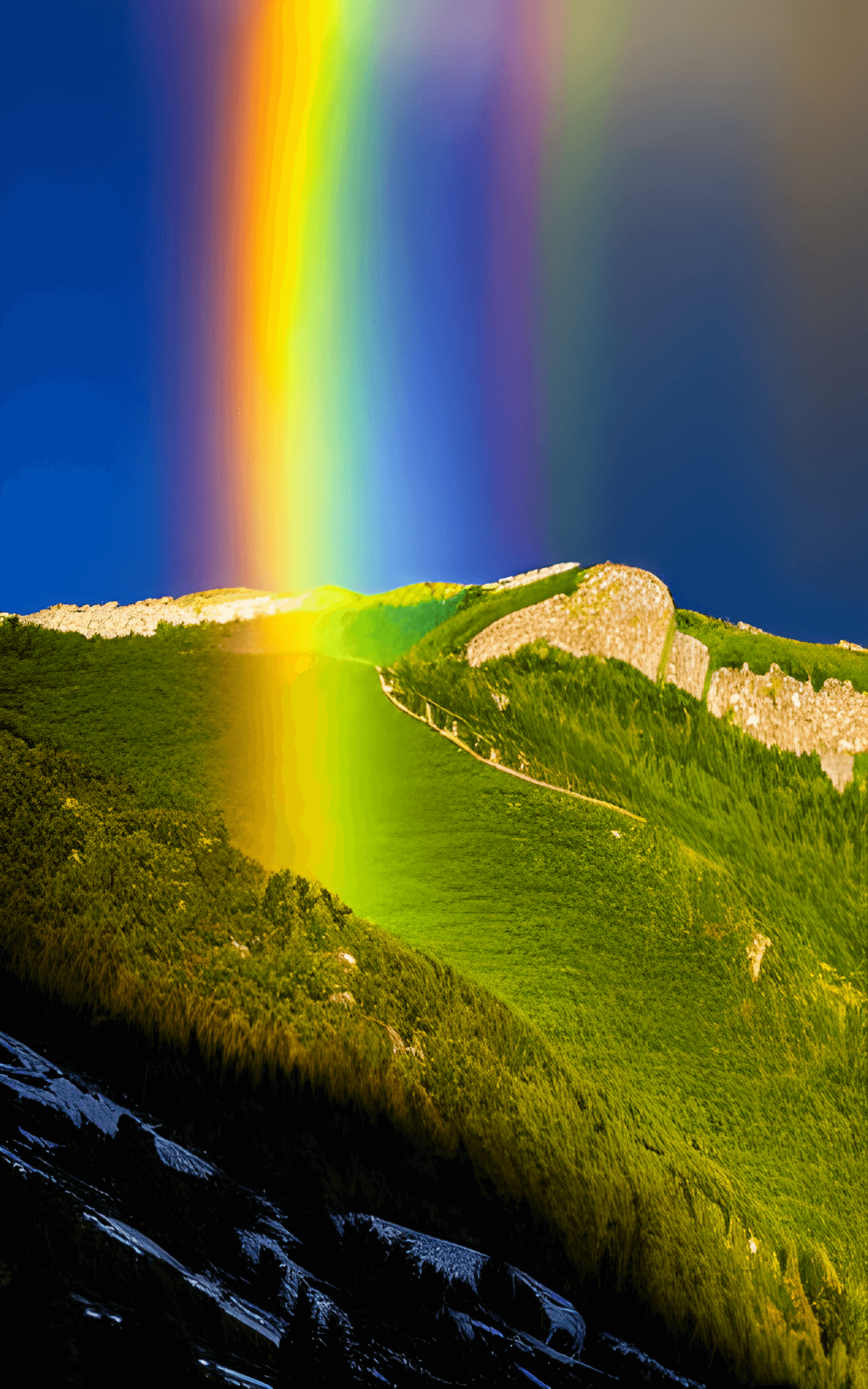 A rainbow over a lush green hillside. - Rainbows