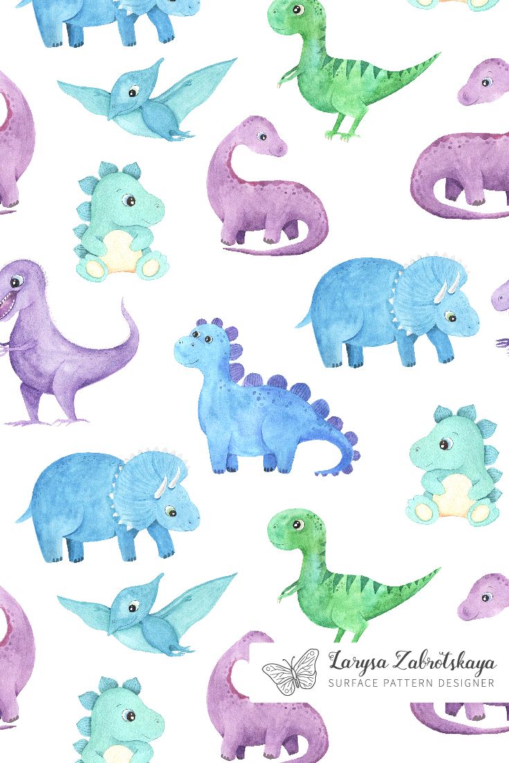 Watercolor pattern with cute dinosaurs. Perfect for children's clothes, toys, bedding, nursery decor, baby shower, greeting cards, packaging, stationery, wrapping paper, etc. - Dinosaur