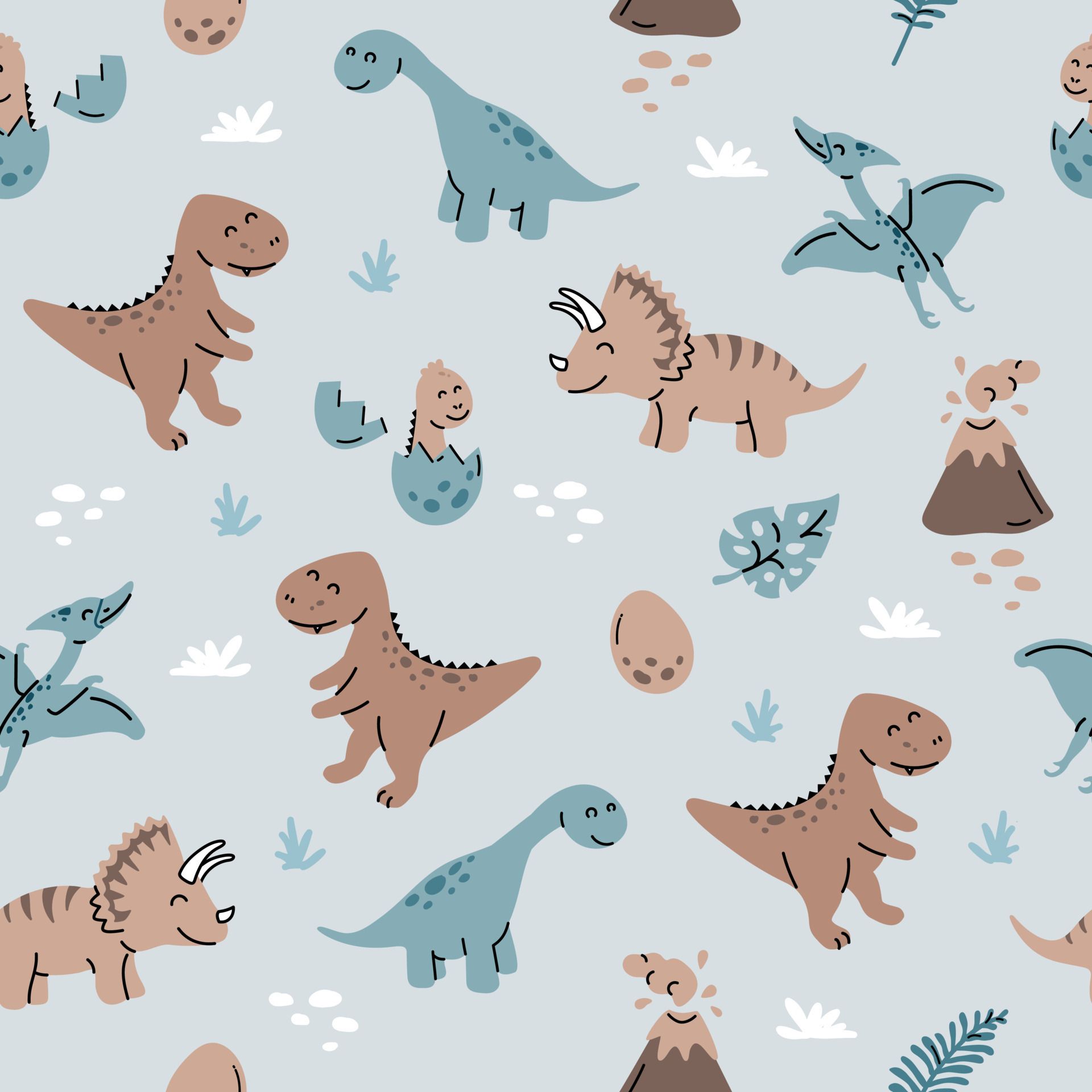 Dinosaurs seamless pattern in cartoon scandinavian style