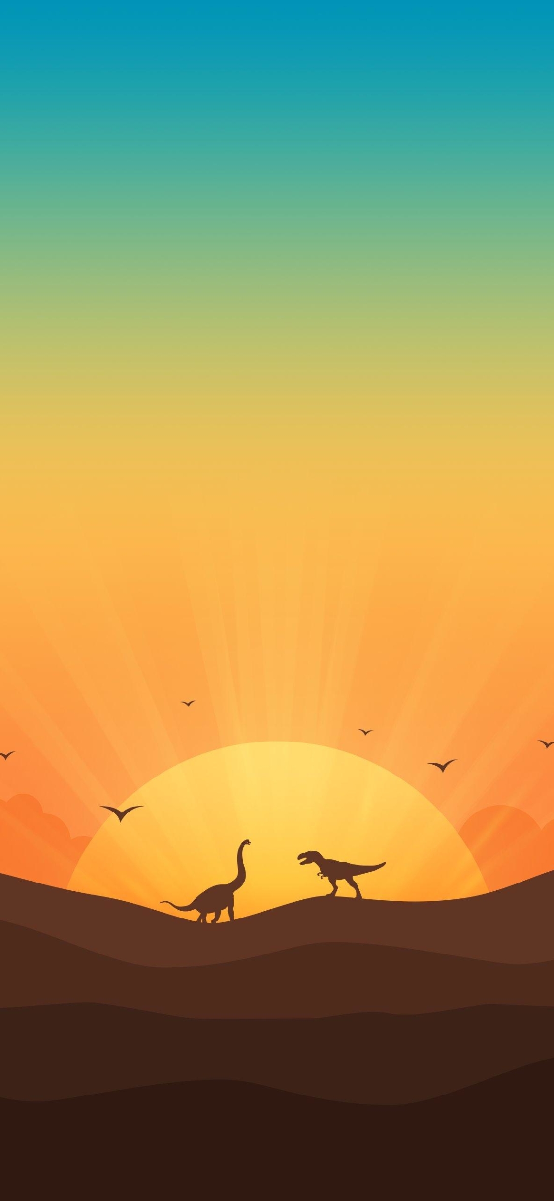 IPhone wallpaper of two cute dinosaurs walking in the sunset - Dinosaur