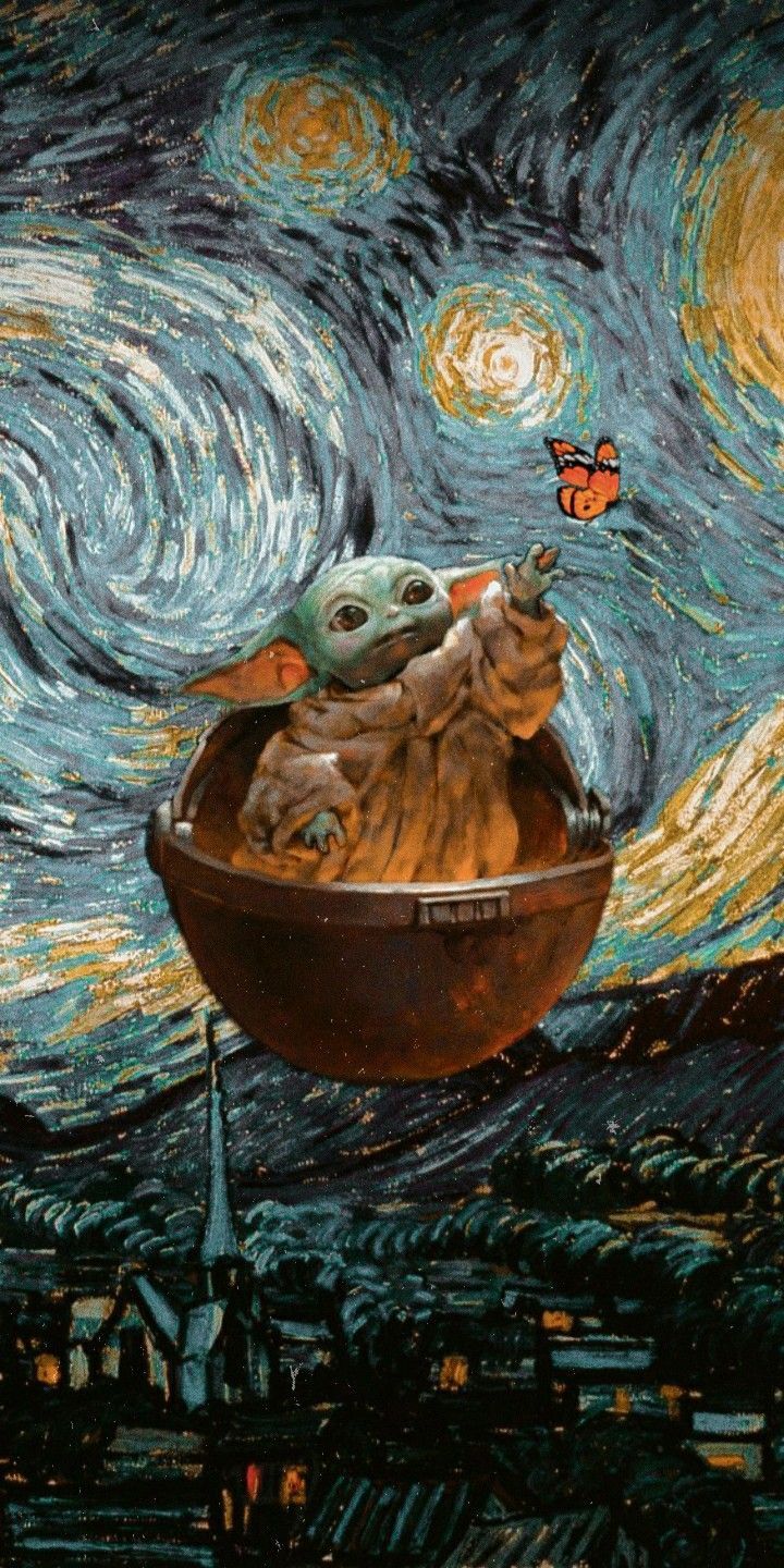 Baby Yoda on a boat with a butterfly in the sky - Star Wars