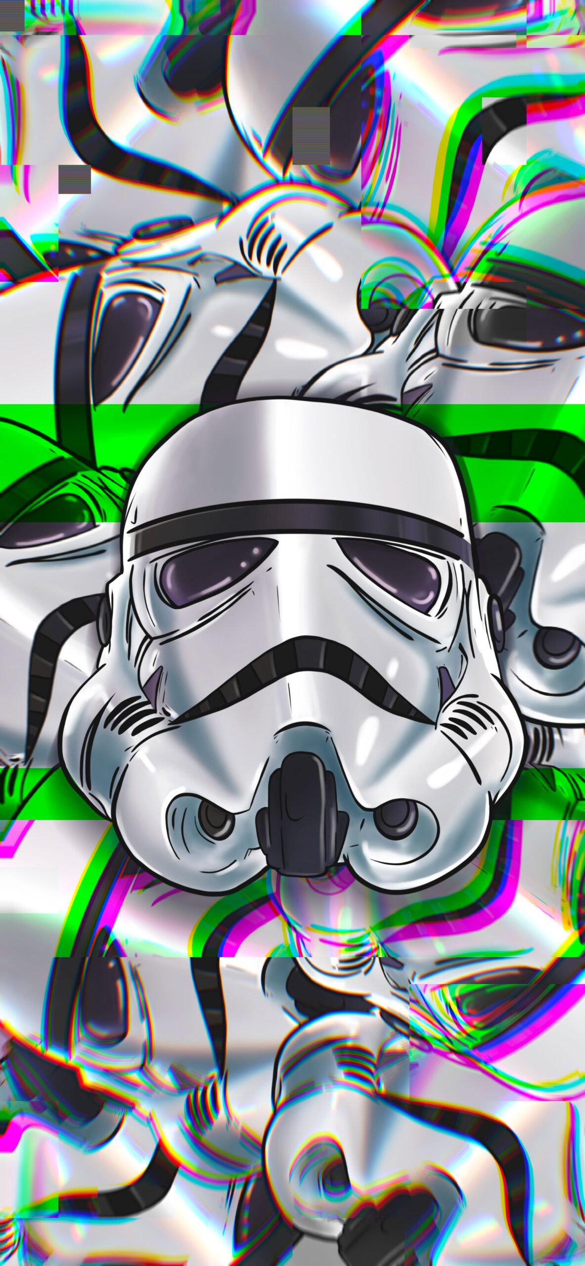A Stormtrooper's helmet on a green and purple background - Glitch, Star Wars