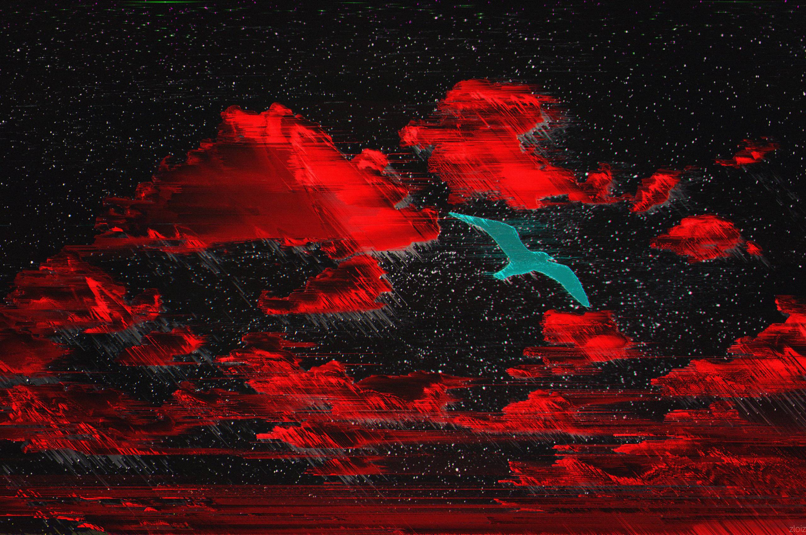 A bird flying over the ocean at night - Glitch
