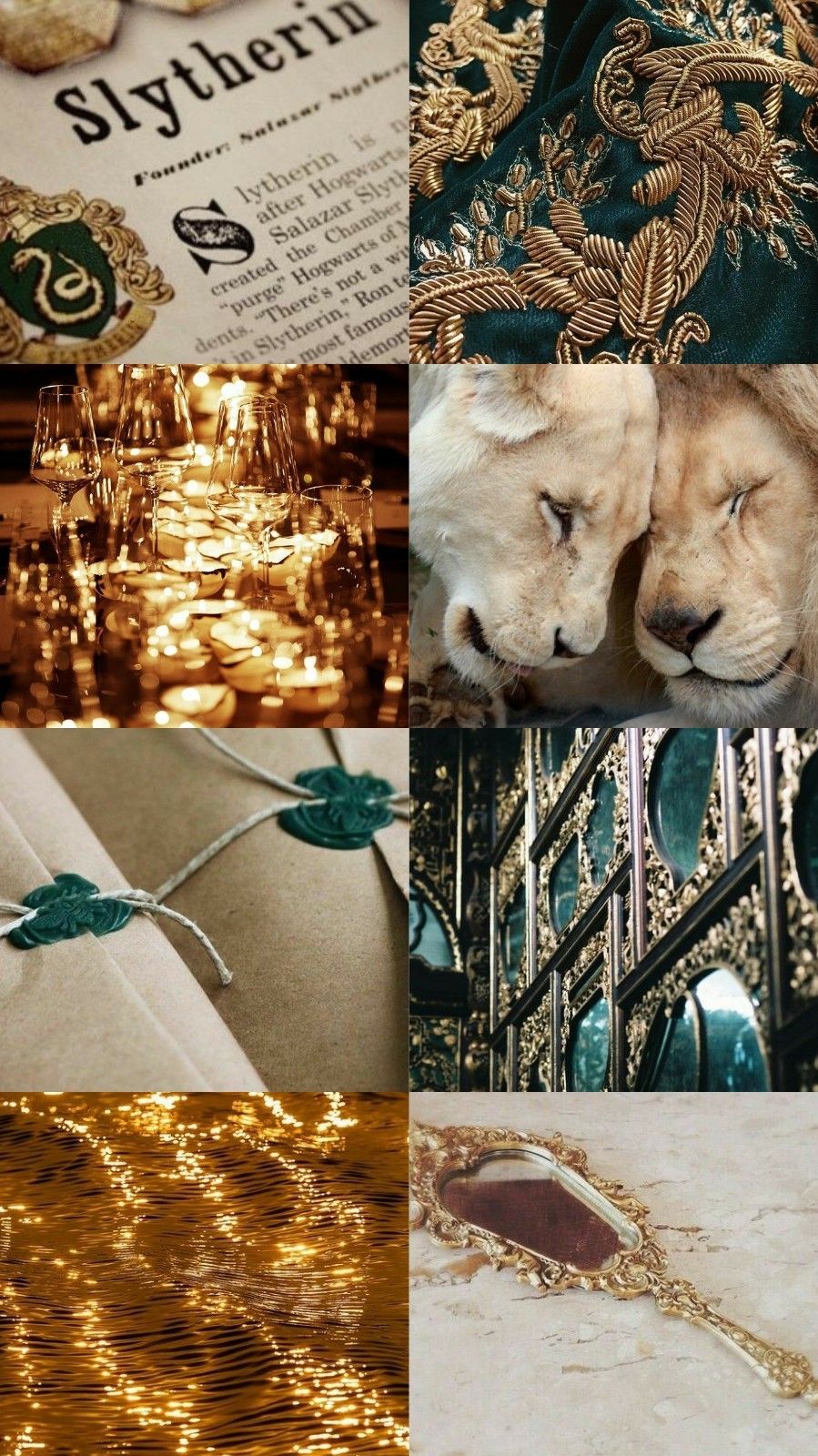 A collage of images representing the House of Slytherin, including a lion, a wand, and a book. - Leo