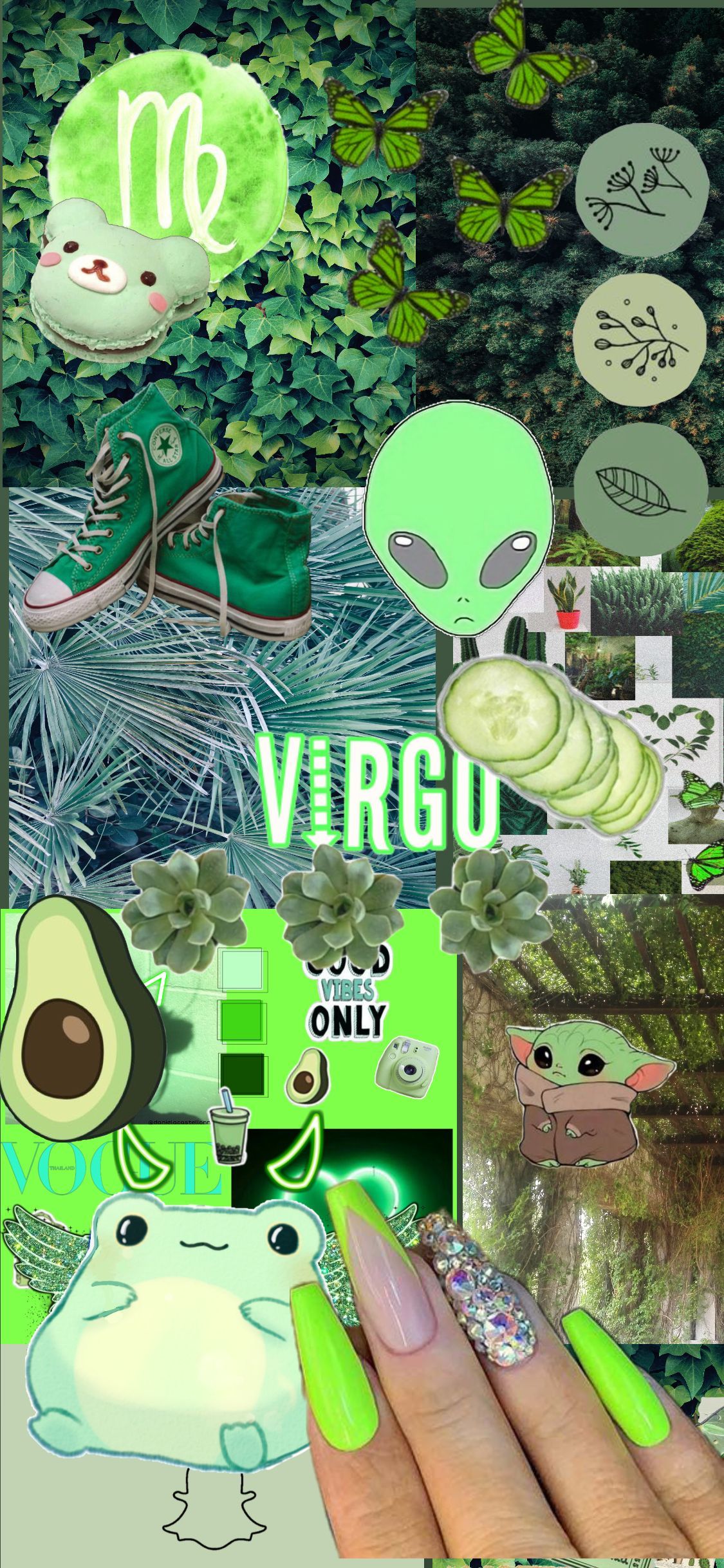 A Virgo themed phone background with avocado, alien, and Yoda. - Virgo