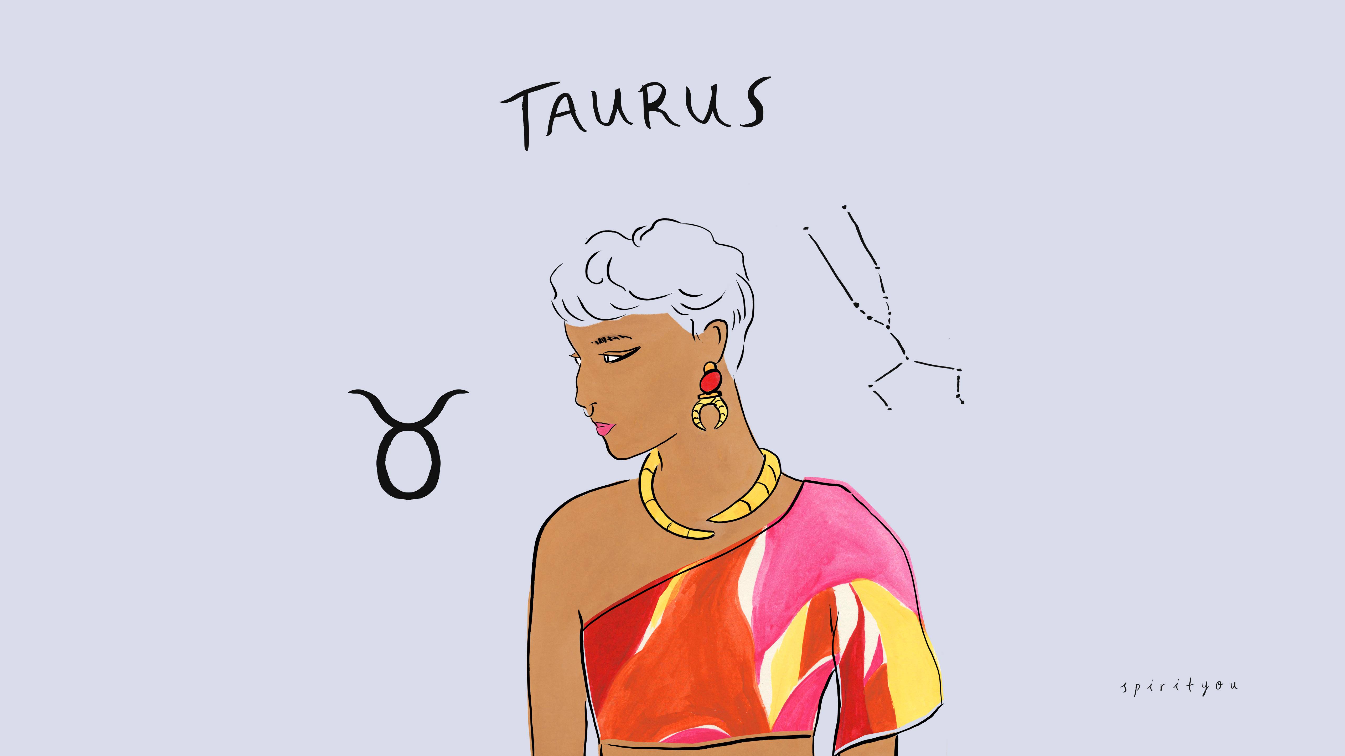 A graphic of a woman with white hair wearing a red and pink sari and gold jewelry with the symbol for Taurus and the constellation in the background. - Taurus