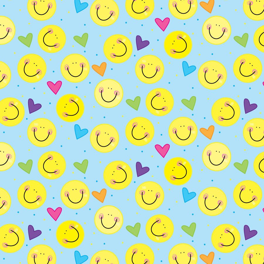 A pattern of smiley faces and hearts on blue background - Smile