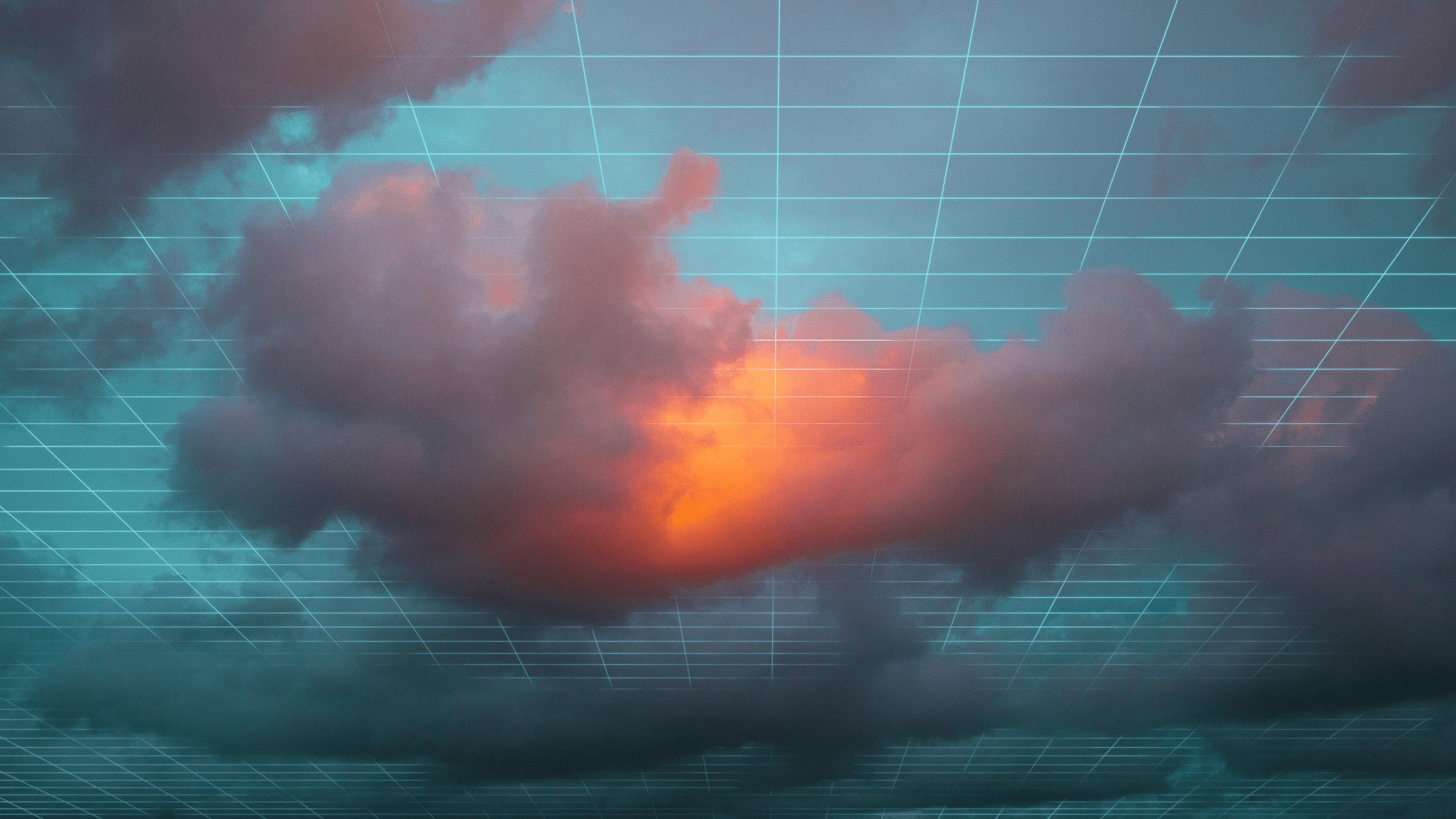 A sunset behind a cloud, with a grid superimposed over the image - Grid