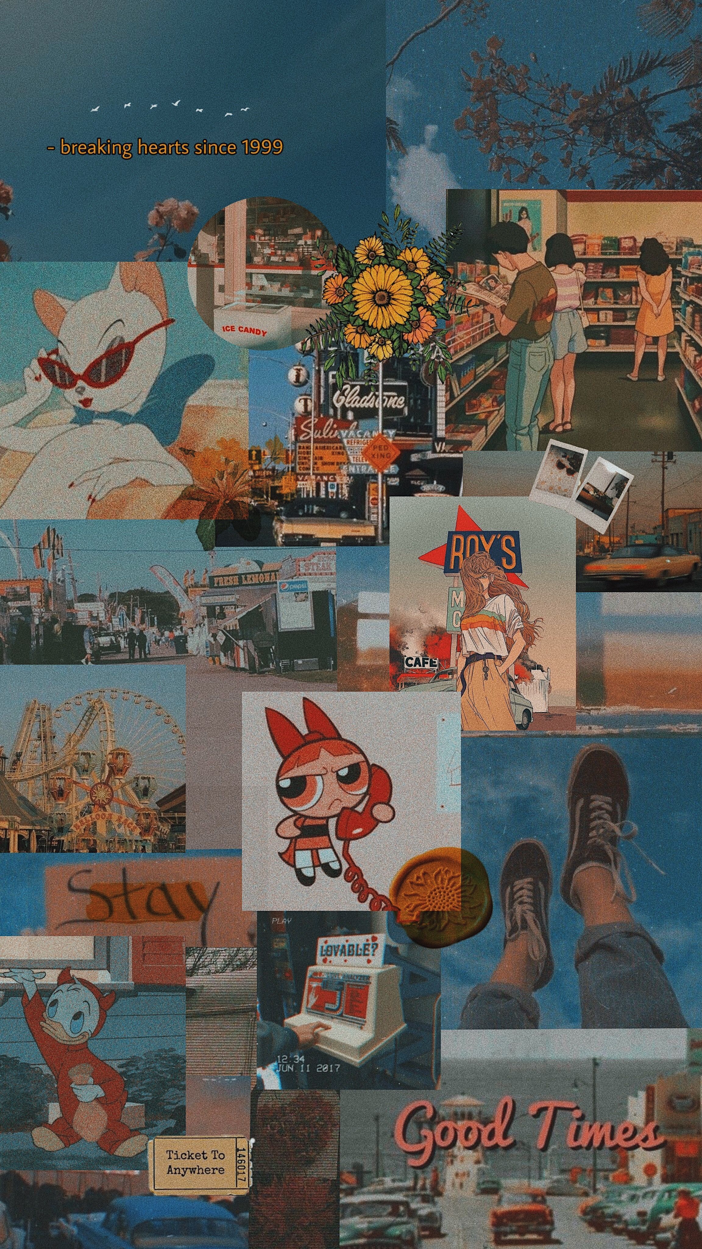 A collage of various pictures, including a cartoon character, flowers, a ferris wheel, and a person wearing sneakers. - Vintage, 60s, retro, 80s, 50s