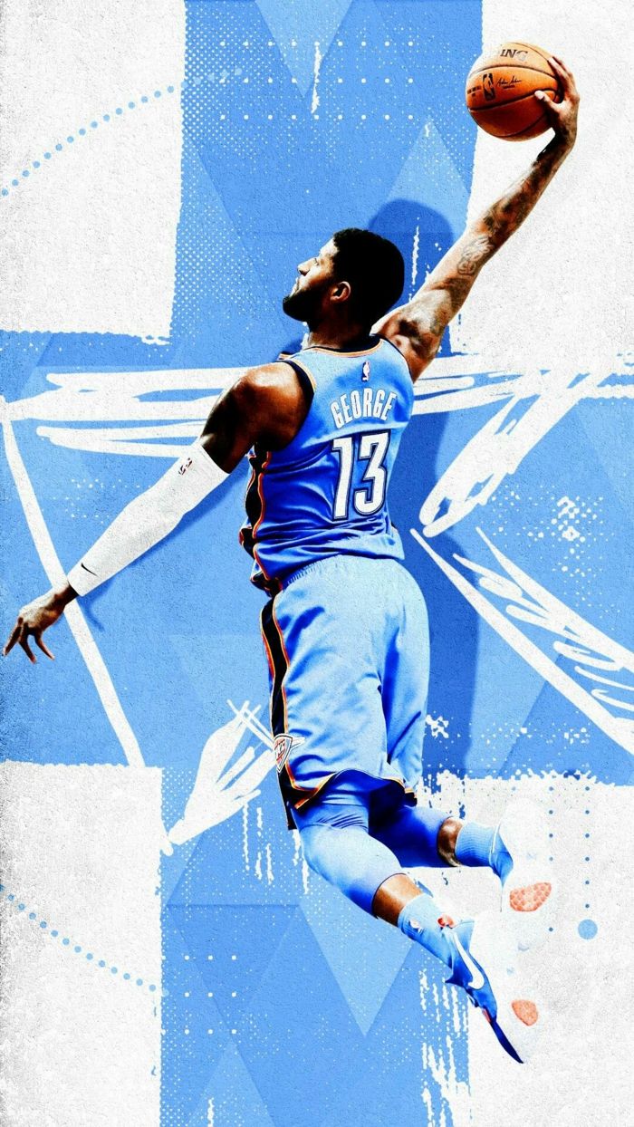 George 13, thunder wallpaper, thunder logo, blue and white background, basketball player jumping in the air - NBA