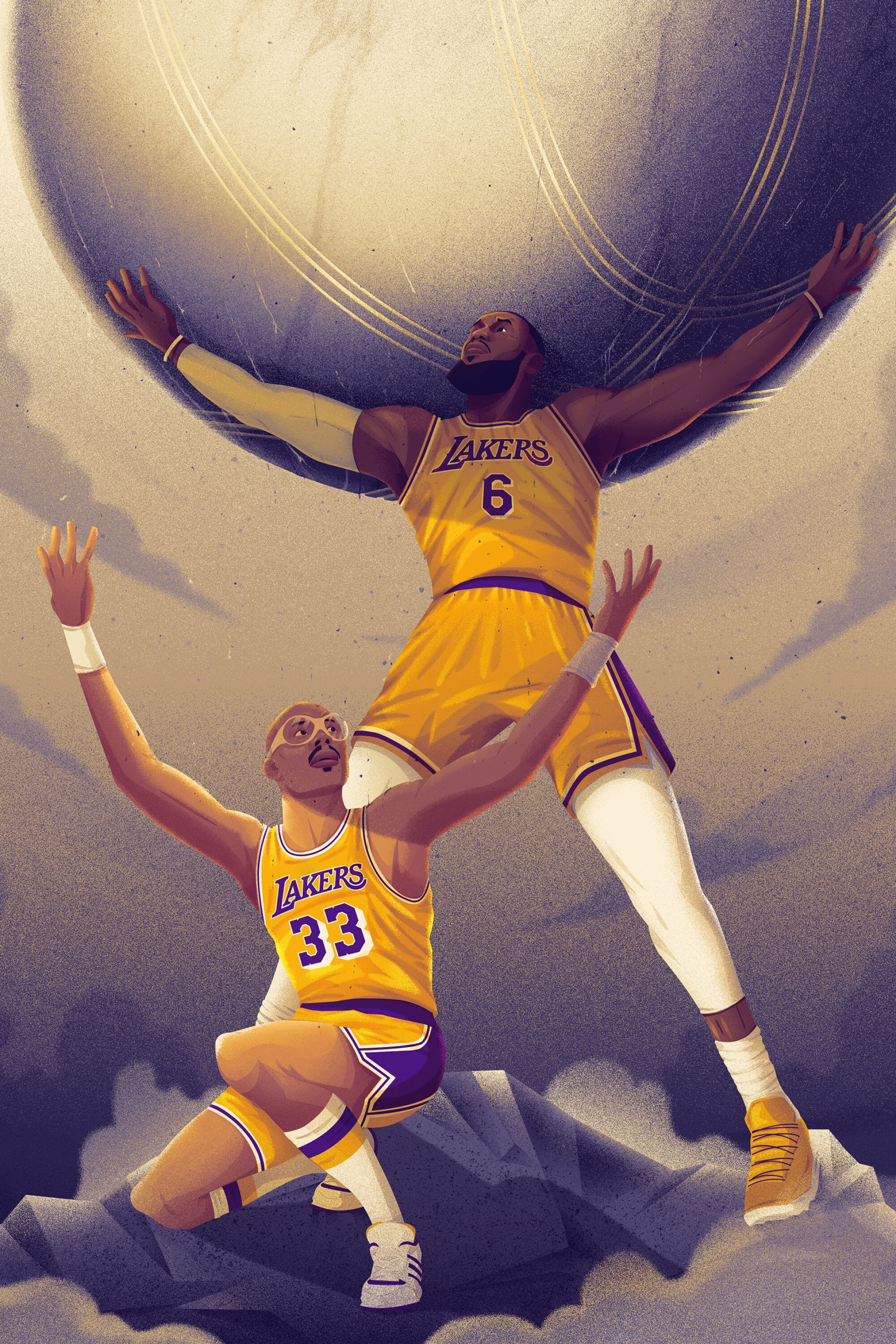 An illustration of two Lakers players, one holding the ball and the other holding up the world. - NBA