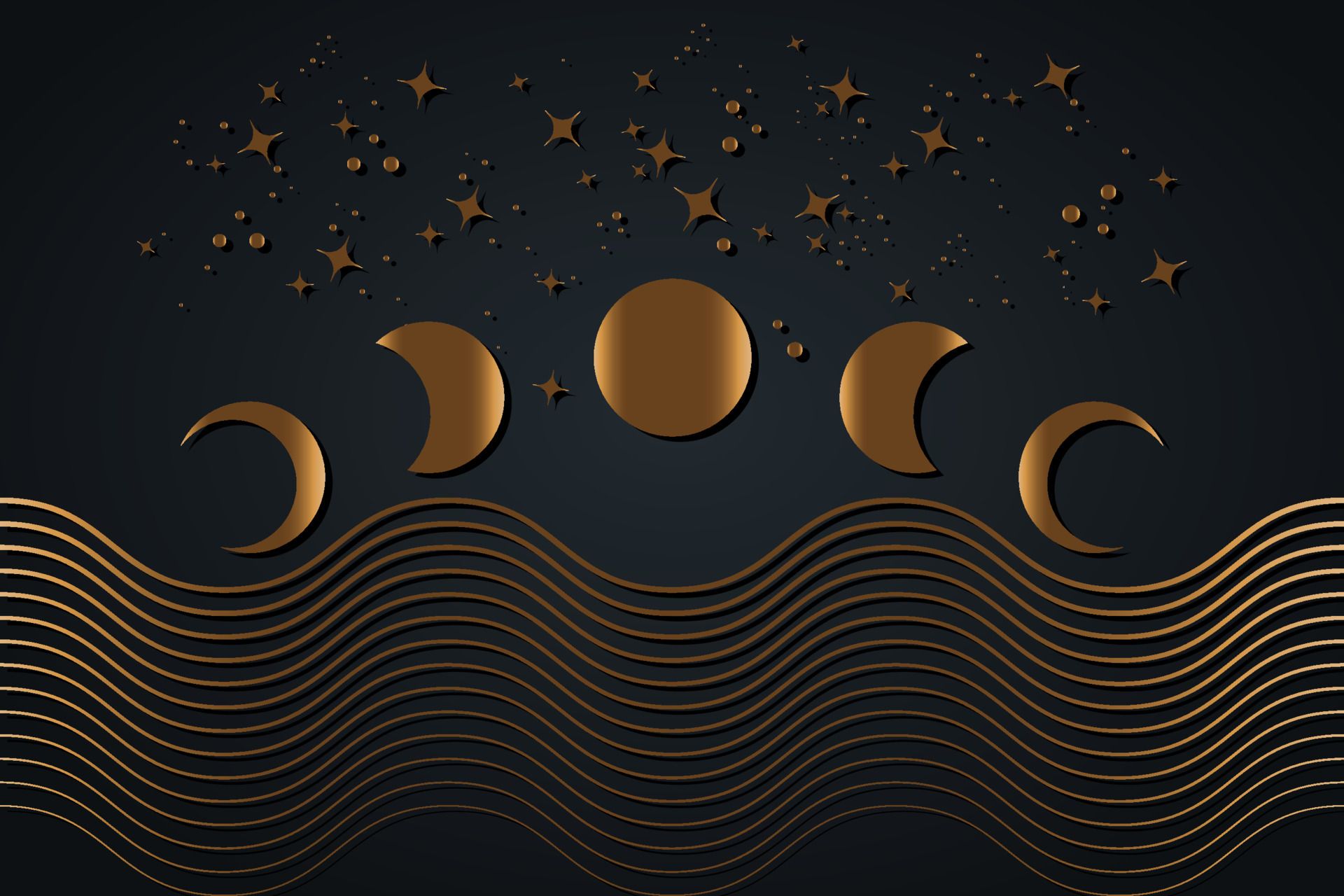 Celestial Moon phases, geometric waves, stars sky. Abstract contemporary aesthetic background. Boho wall decor modern minimalist art print. Organic natural shape magic concept vector isolated on black