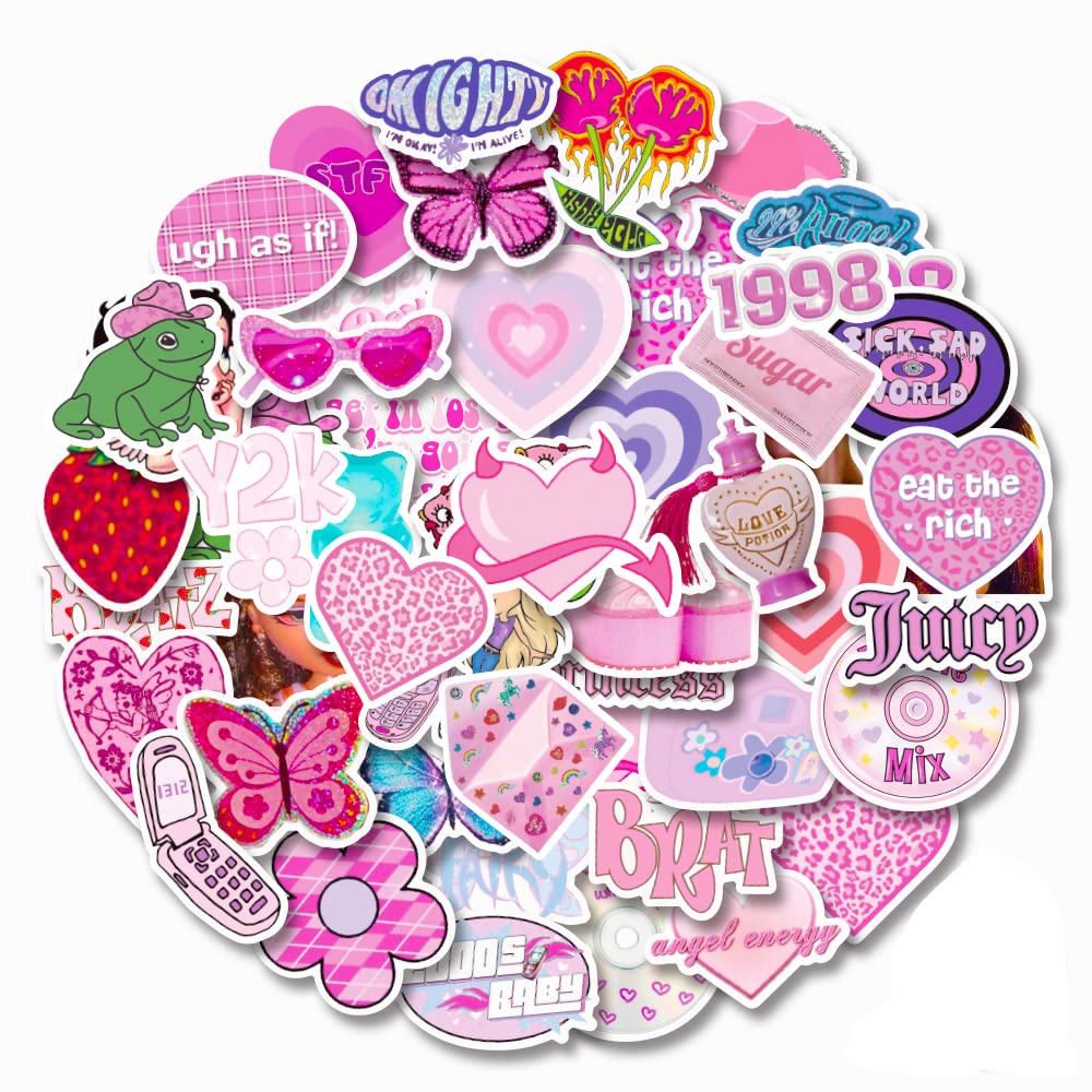 Y2k Aesthetic Stickers, 52PCS- Cyber 2000s Fashion Sticker for Girls, Waterproof Laptop Stickers Decals for Water Bottle, Cute Vsco Stickers for Teens