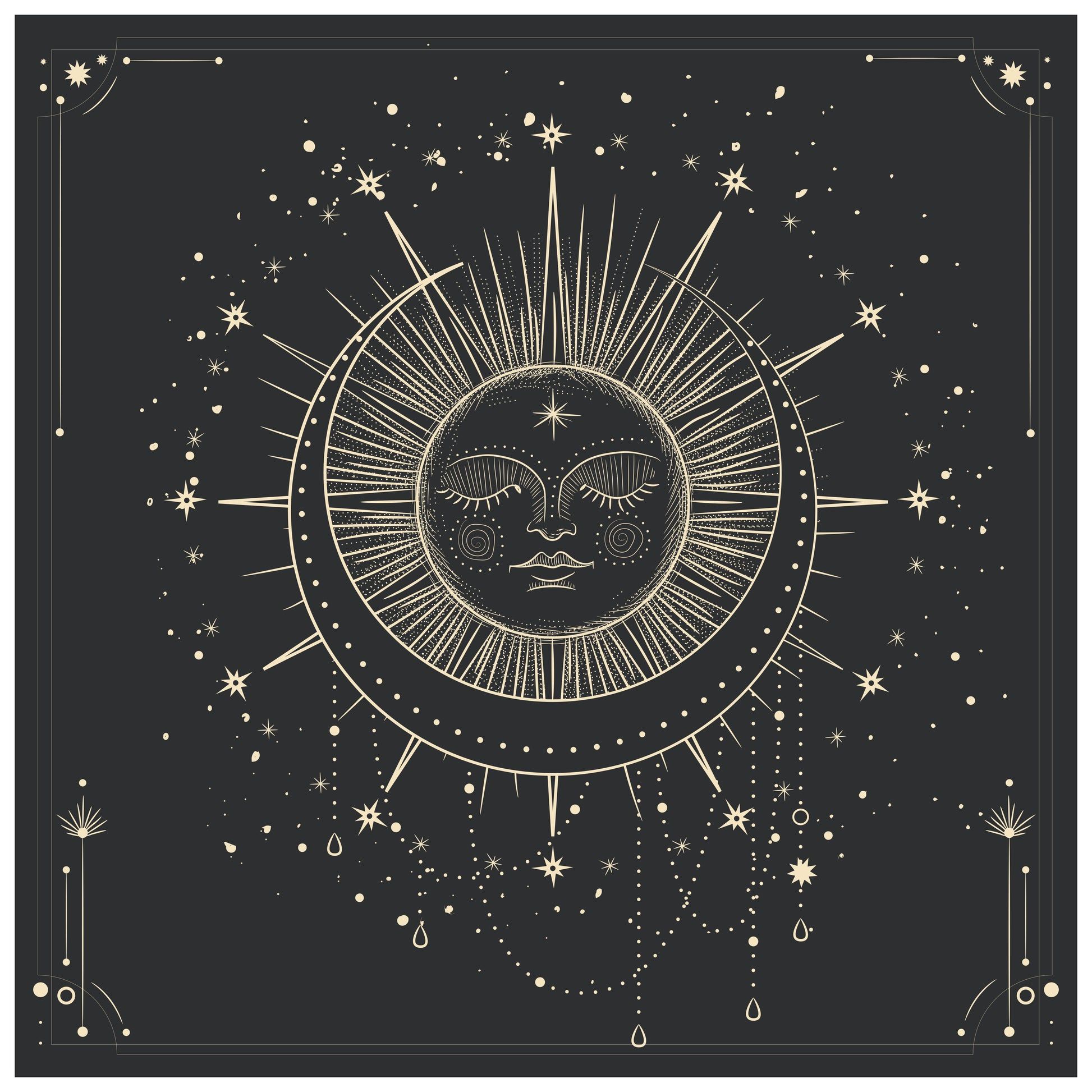 The sun with closed eyes and stars around it - Moon phases