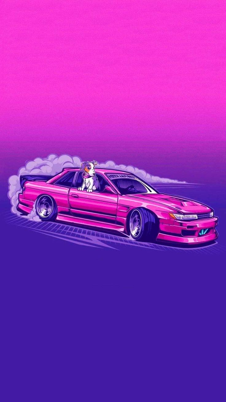 Pink car wallpaper for iPhone with a unicorn in a pink car - JDM