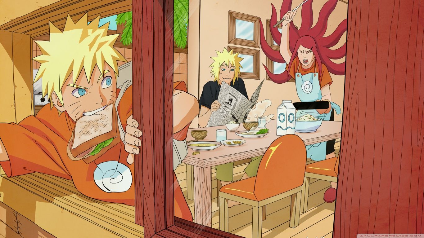 A cartoon of two people eating at the table - Naruto