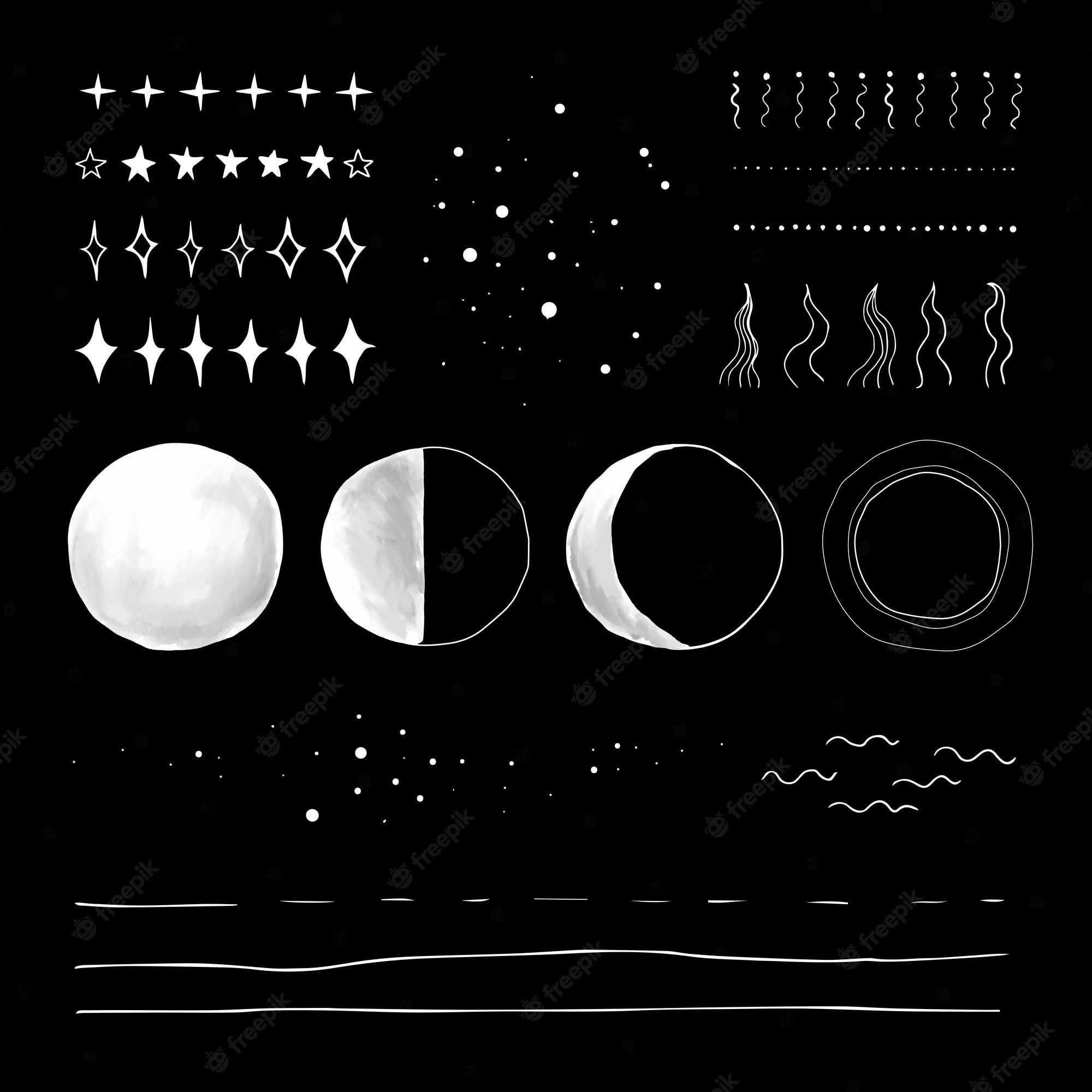 Hand drawn moon phases and stars on a black background. - Moon phases