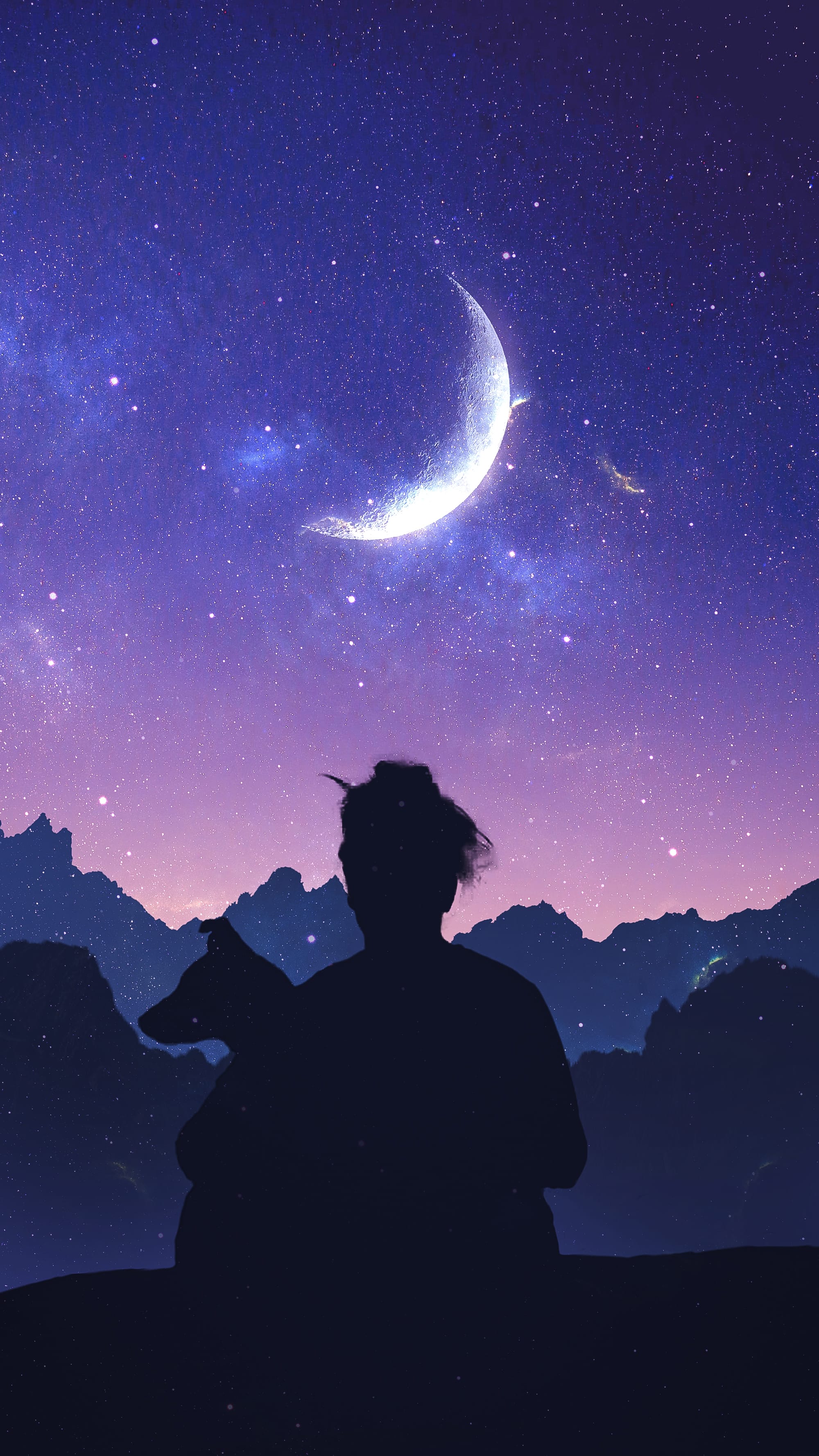 A woman sitting on a hillside holding a cat looking at the night sky - Moon, stars