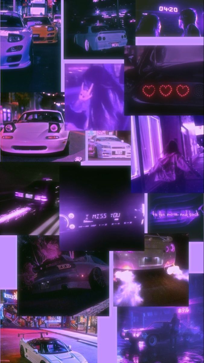 A collage of pictures with purple light - JDM, cars