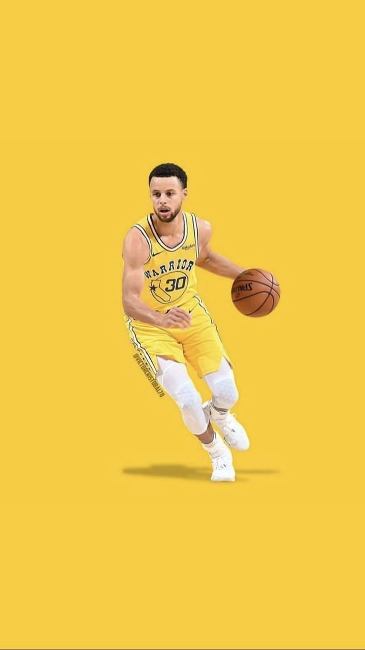 Stephen Curry playing basketball on a yellow background - Basketball