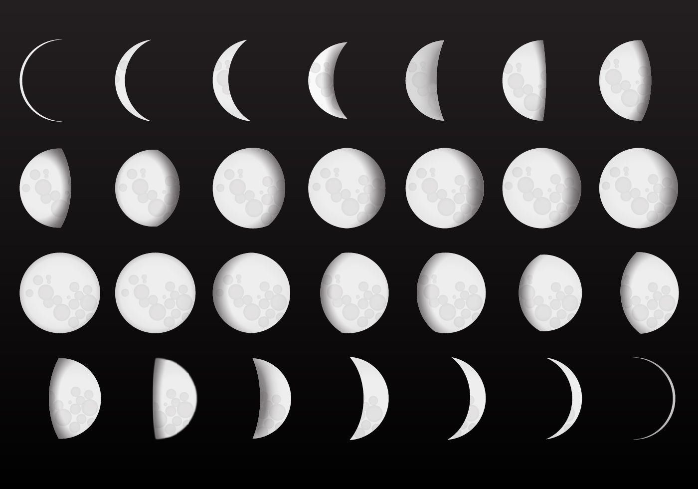 A series of 29 moon phases from new moon to full moon - Moon phases