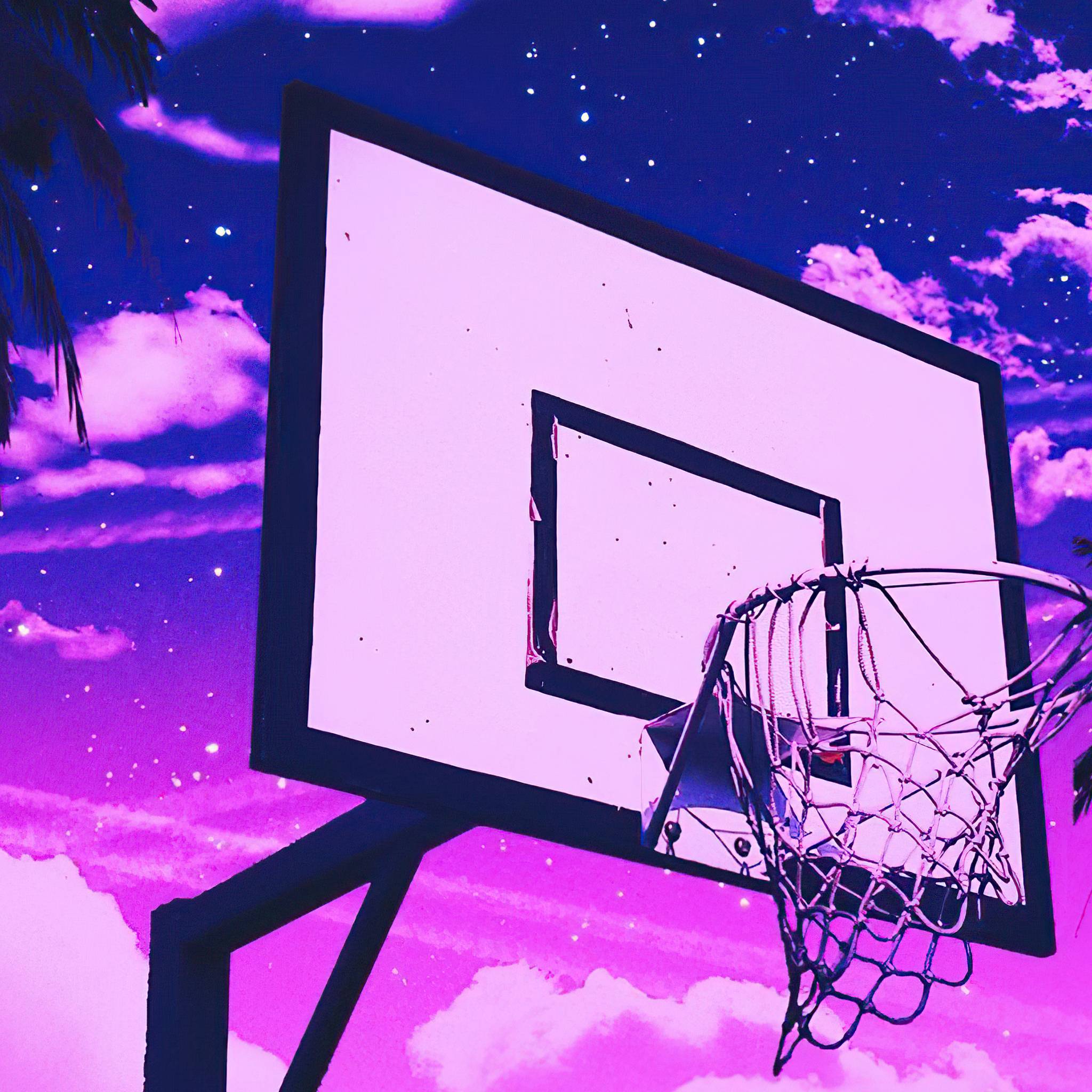 A basketball hoop with a purple and blue sky background - Basketball