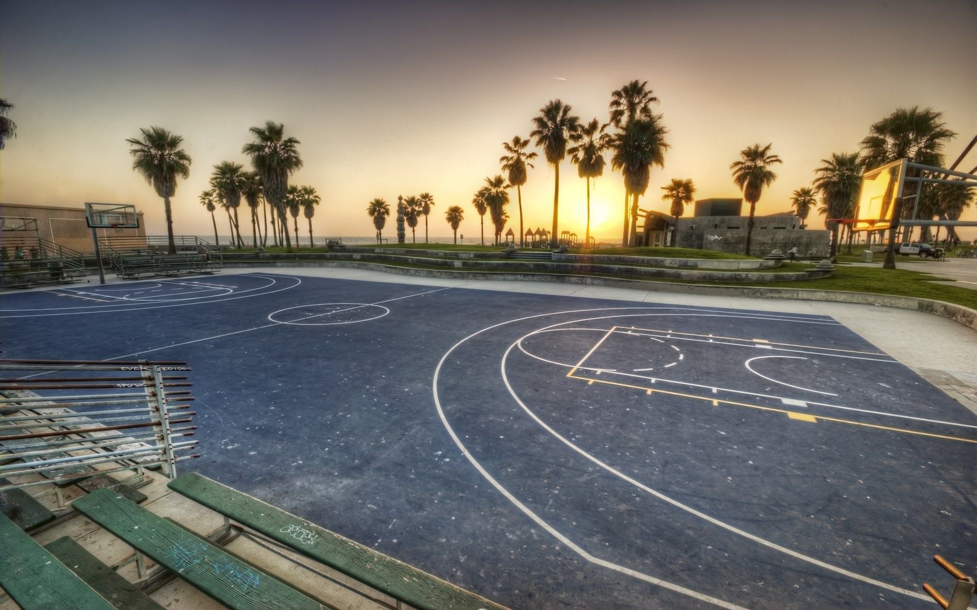 A basketball court with palm trees in the background - Basketball