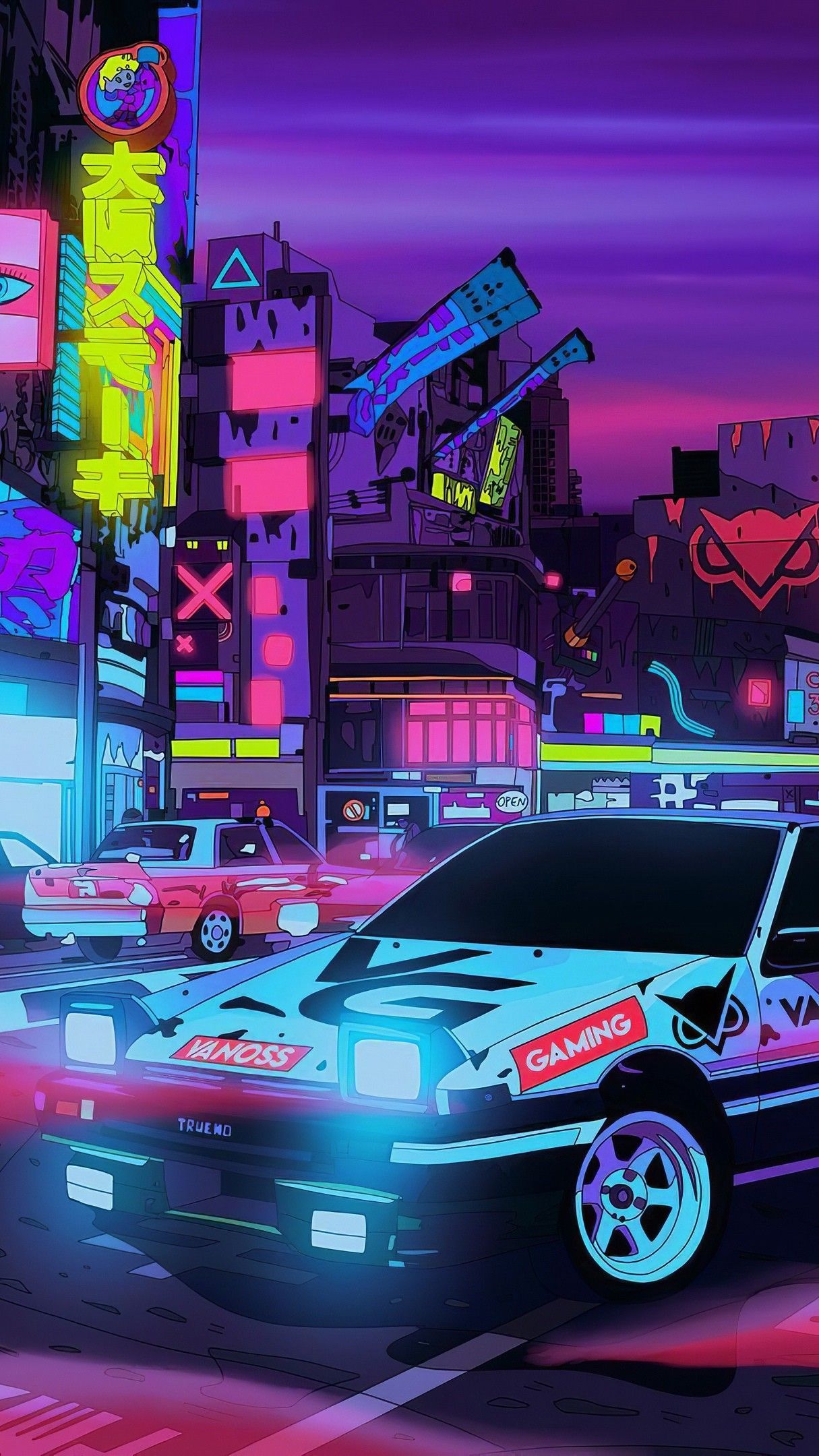 A neon lit city with cars and buildings - JDM, cars, Toyota AE86