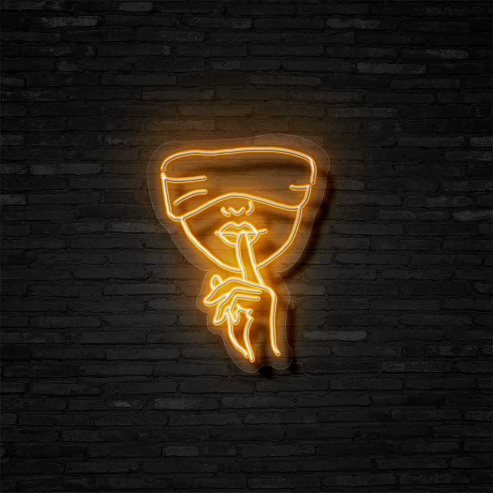 A neon sign of a woman's face with a finger over her mouth - Neon orange