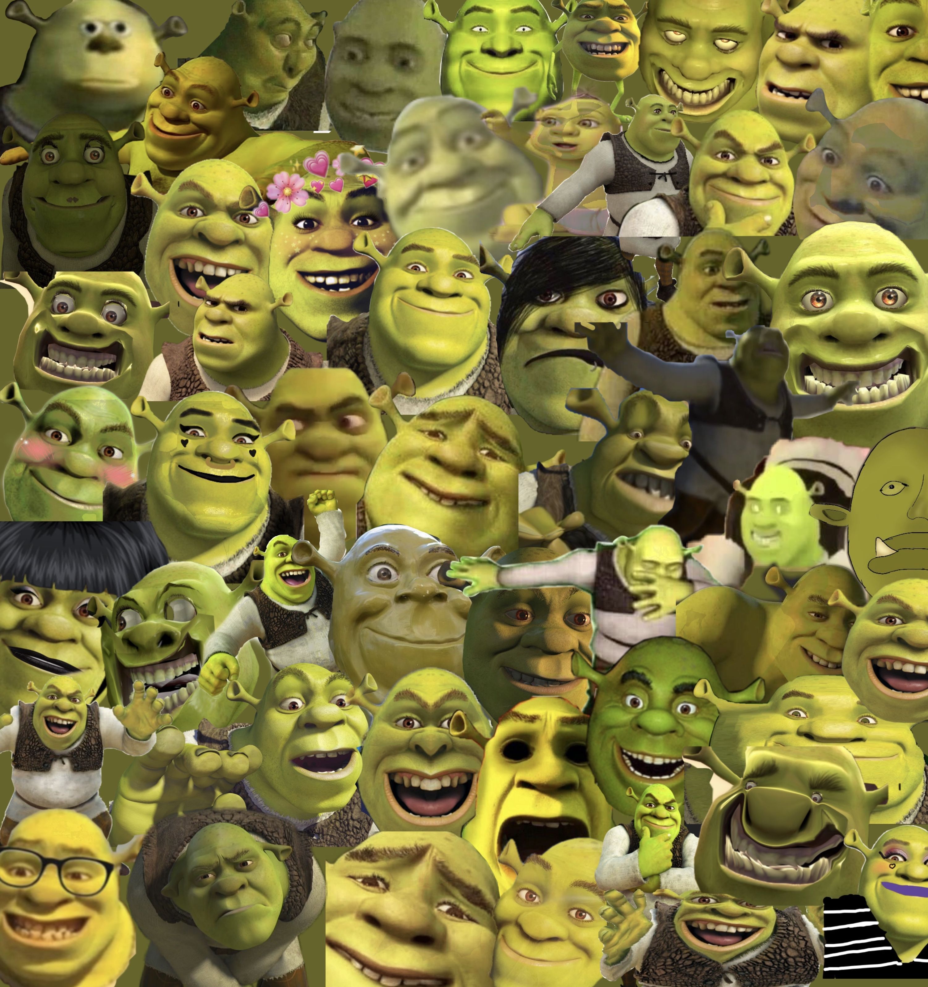A photo of many different Shrek faces collaged together - Shrek
