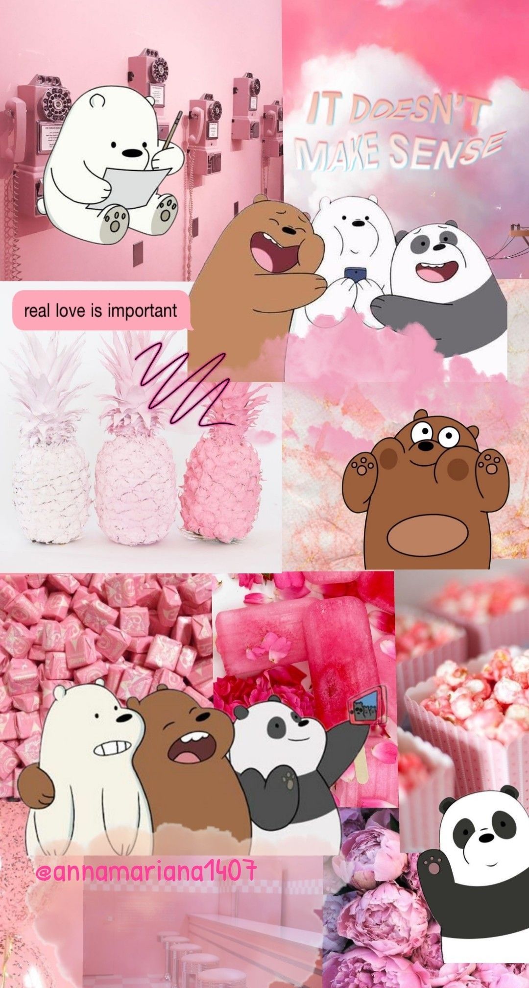 A collage of pictures with pink and white backgrounds - We Bare Bears